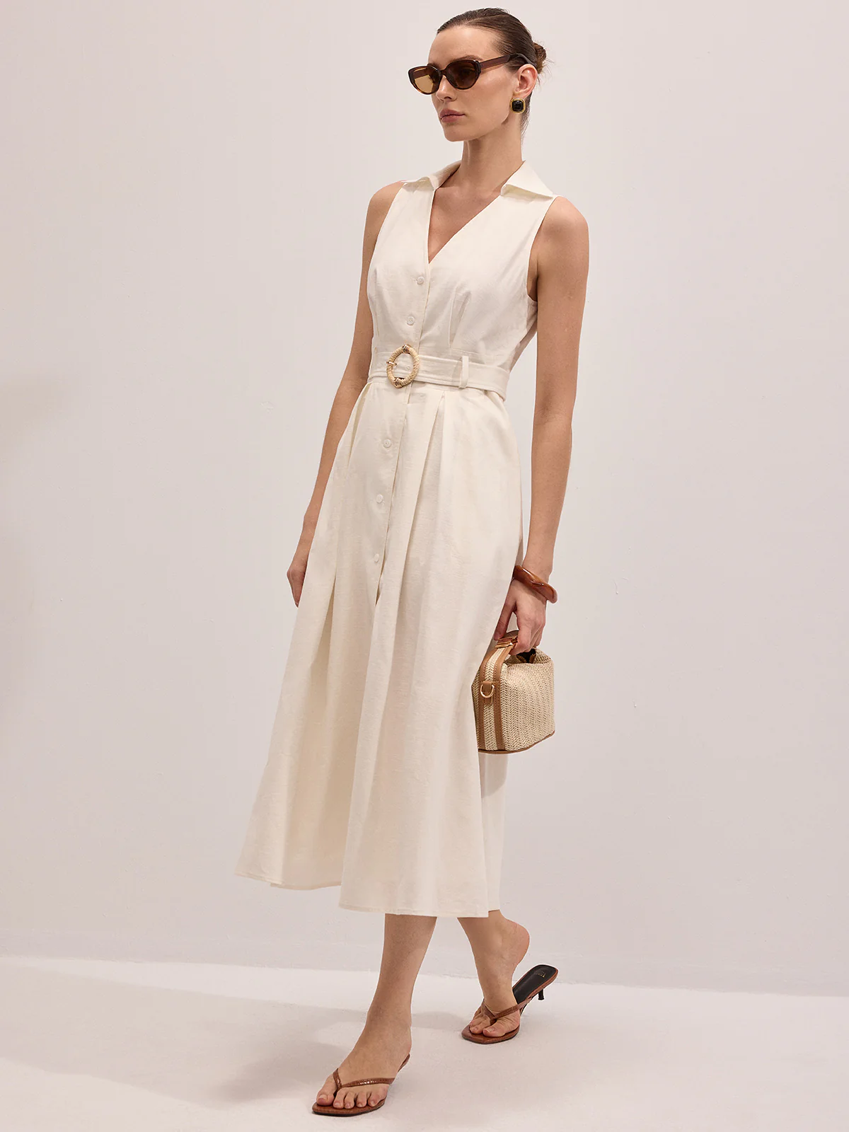 Cotton Linen Sleeveless Belted Midi Dress - Image 3