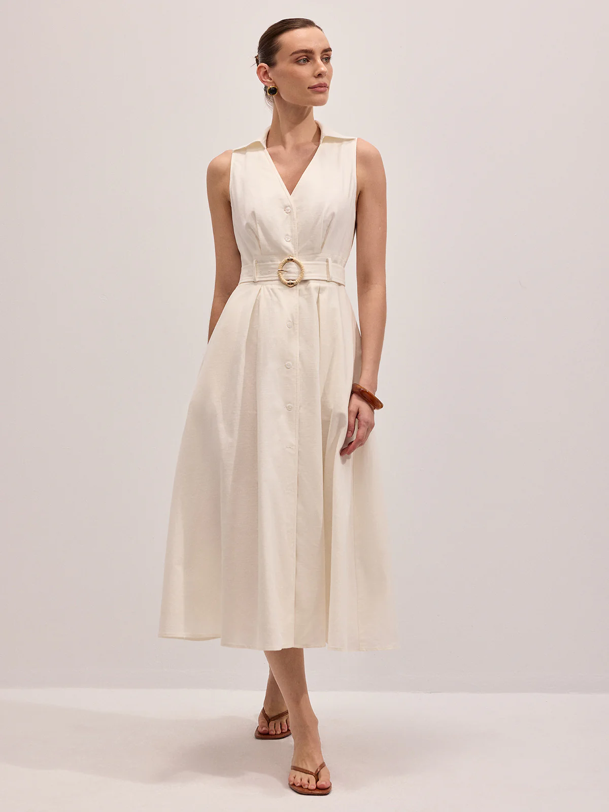Cotton Linen Sleeveless Belted Midi Dress - Image 4