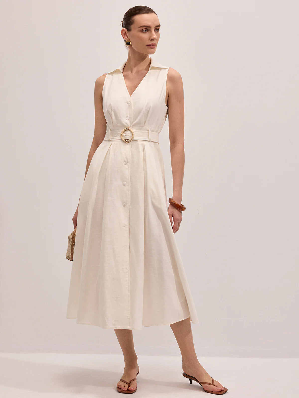 Cotton Linen Sleeveless Belted Midi Dress - Image 5