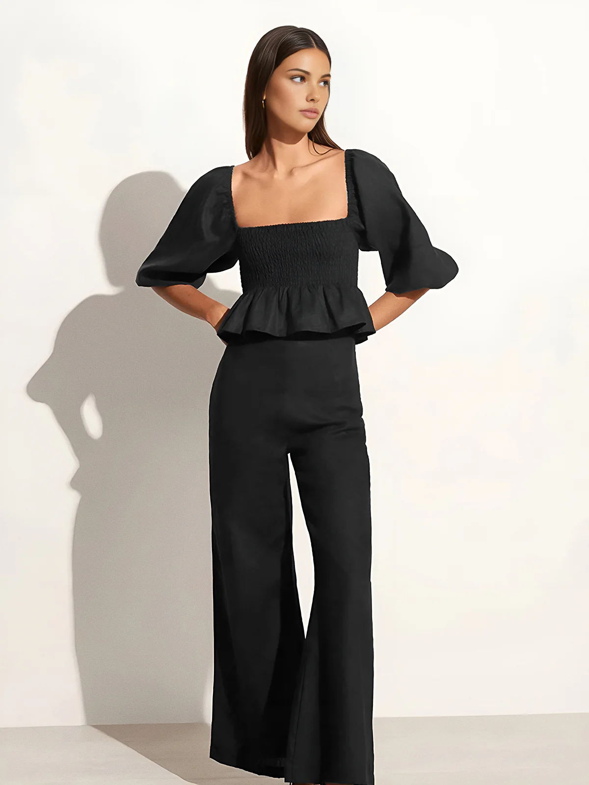 Cotton & Linen Square Neck With Bishop Sleeve Pant Set - Image 2