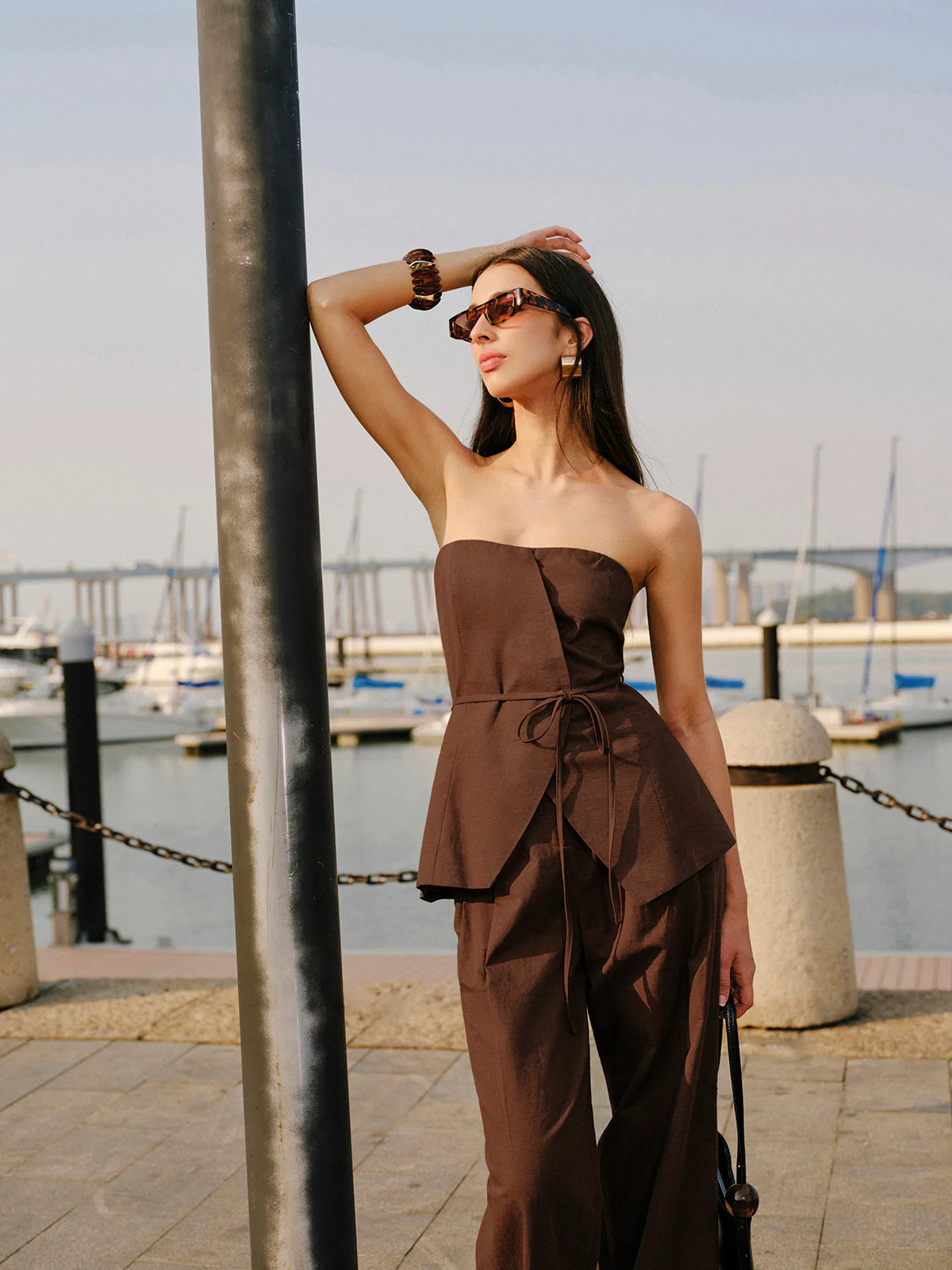 Cotton & Linen Strapless Peplum Top With Tie - Image 3