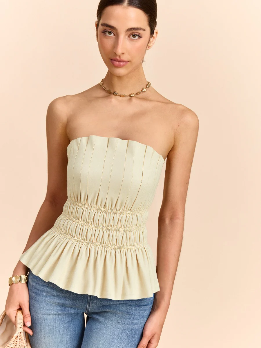 Cotton & Linen Strapless Smocked Peplum Top - Image 2