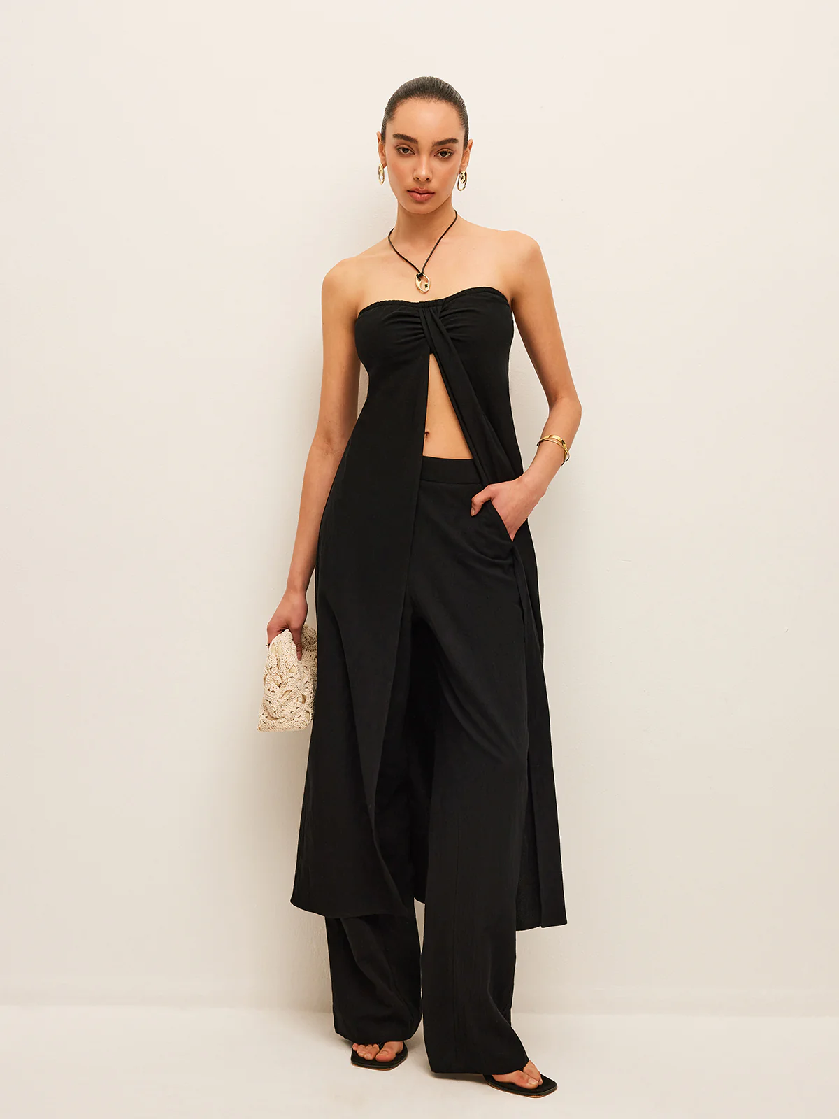 Cotton & Linen Tie-Front Top With Pants Set - Image 2