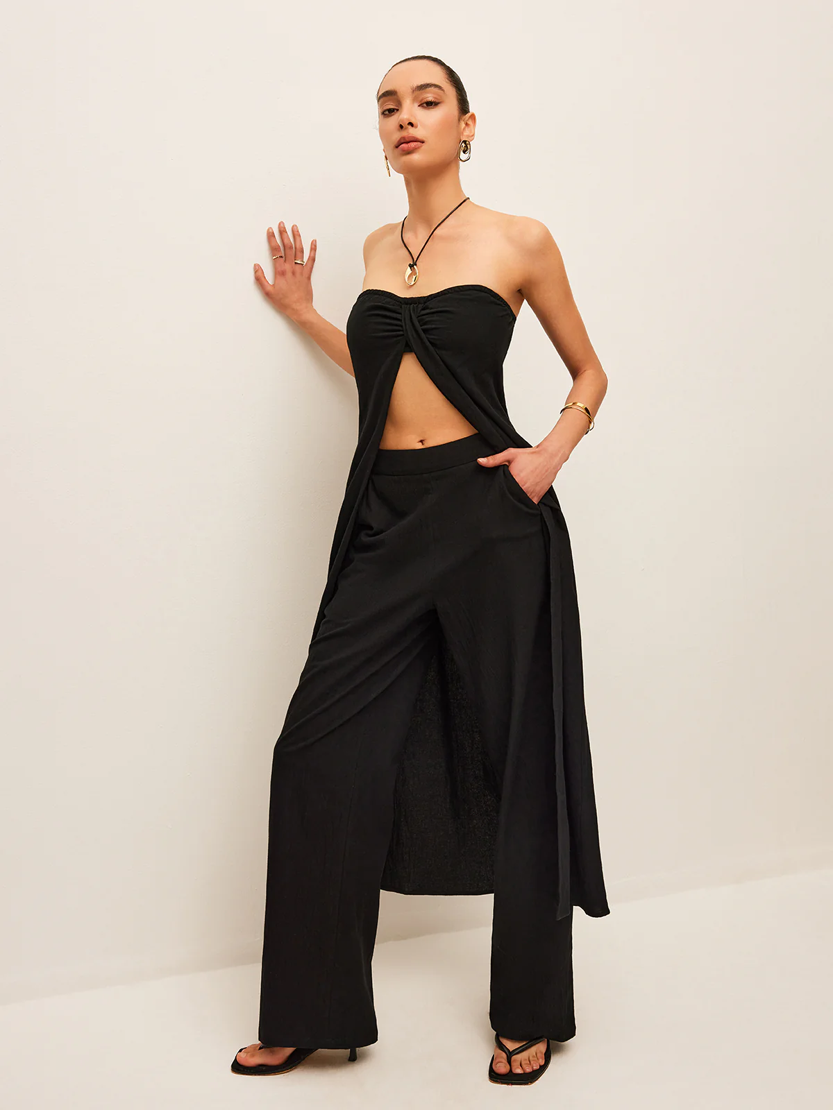 Cotton & Linen Tie-Front Top With Pants Set - Image 5