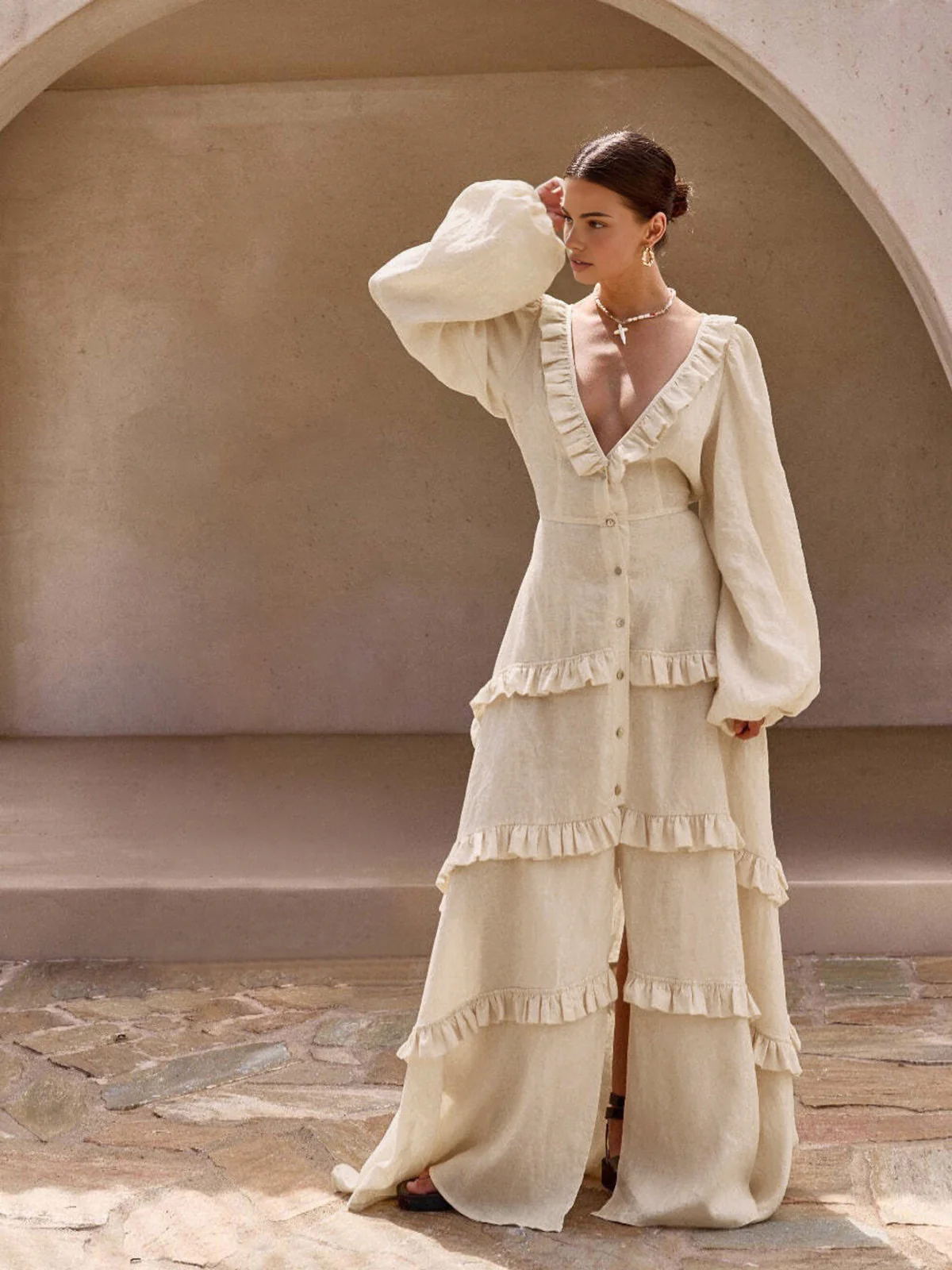 Cotton & Linen Semi-Sheer Ruffle Trim Long Dress - Image 2