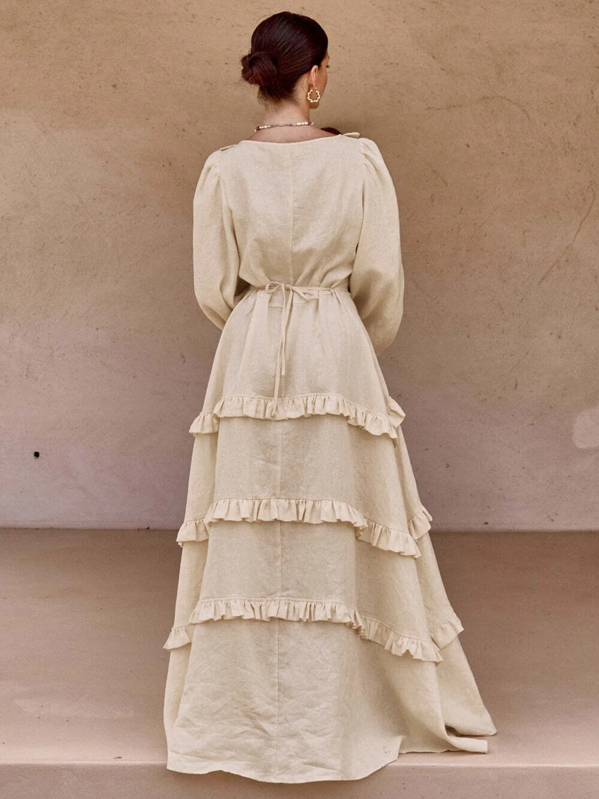Cotton & Linen Semi-Sheer Ruffle Trim Long Dress - Image 3