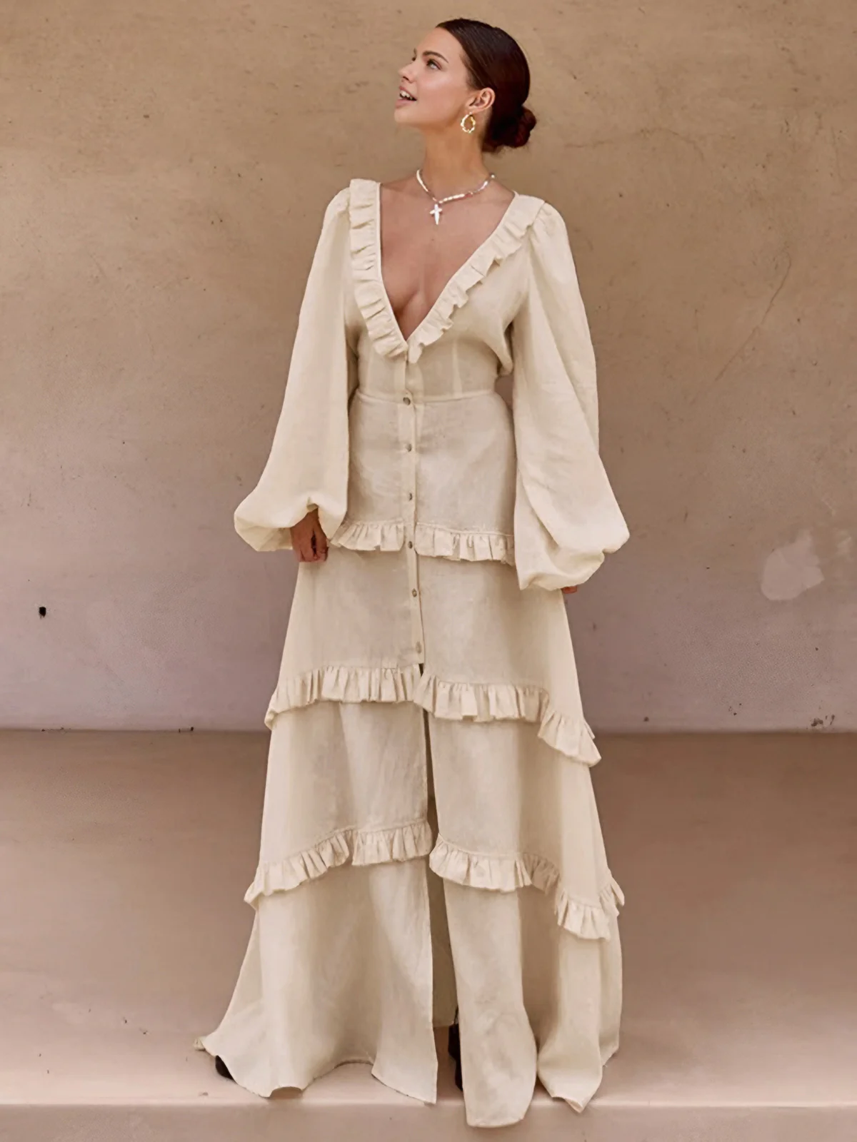 Cotton & Linen Semi-Sheer Ruffle Trim Long Dress - Image 4