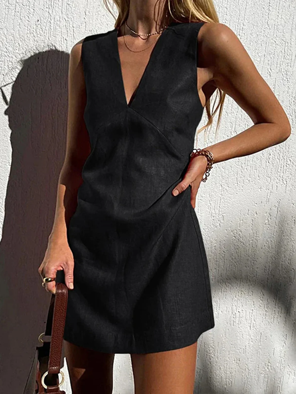 Cotton & Linen V-Neck Short Dress - Image 9