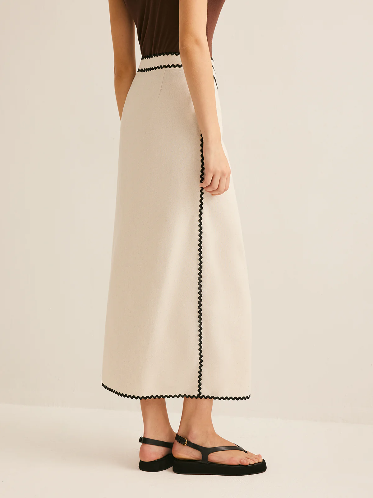 Cotton & Linen Wave Trim Midi Skirt - Image 5