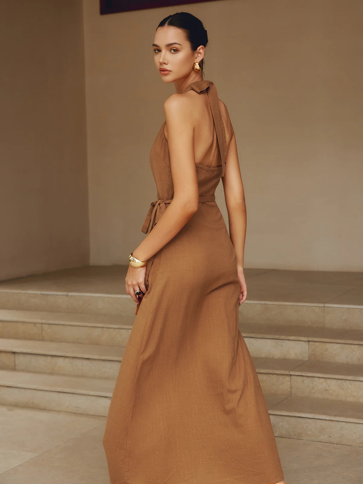 Cotton & Linen Wrap Halter Knotted Long Dress - Image 2