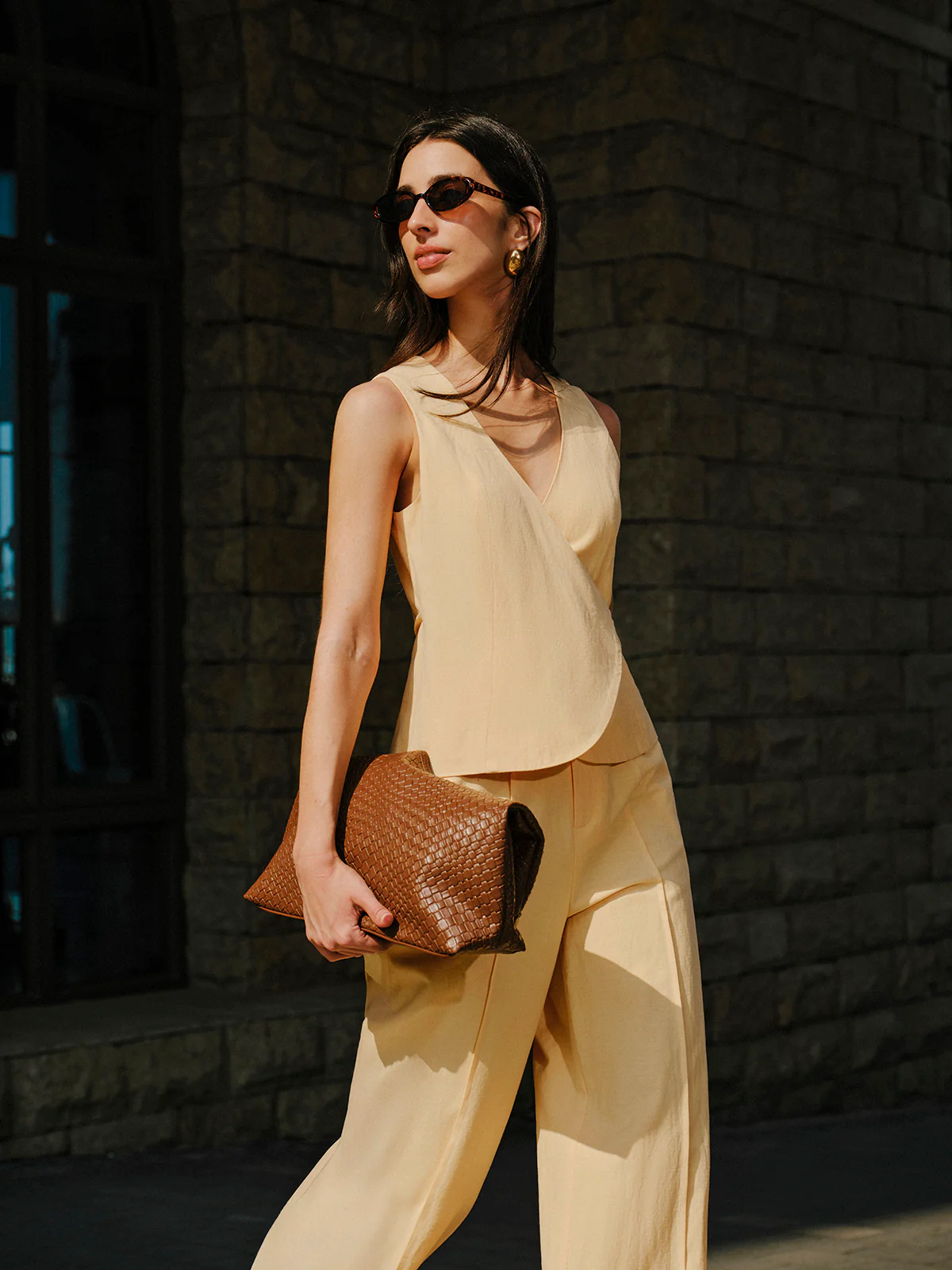 Cotton & Linen Wrap Top With Pants Set - Image 2