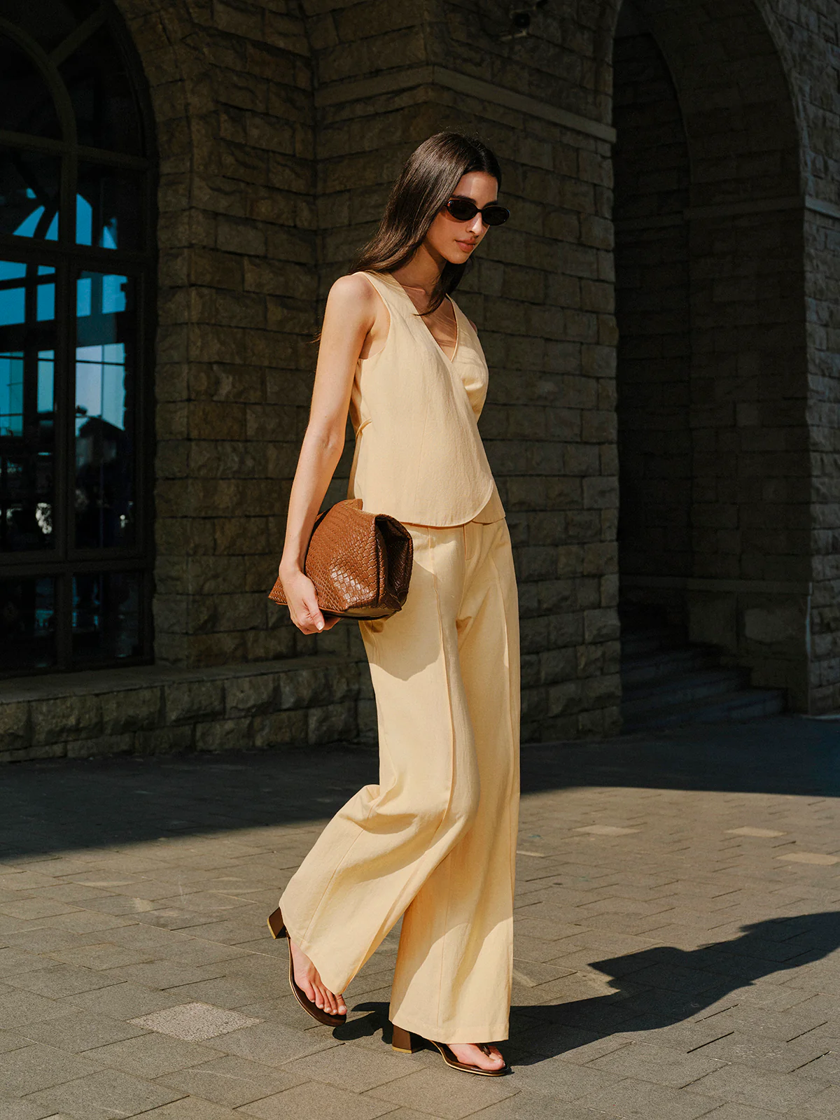 Cotton & Linen Wrap Top With Pants Set - Image 4