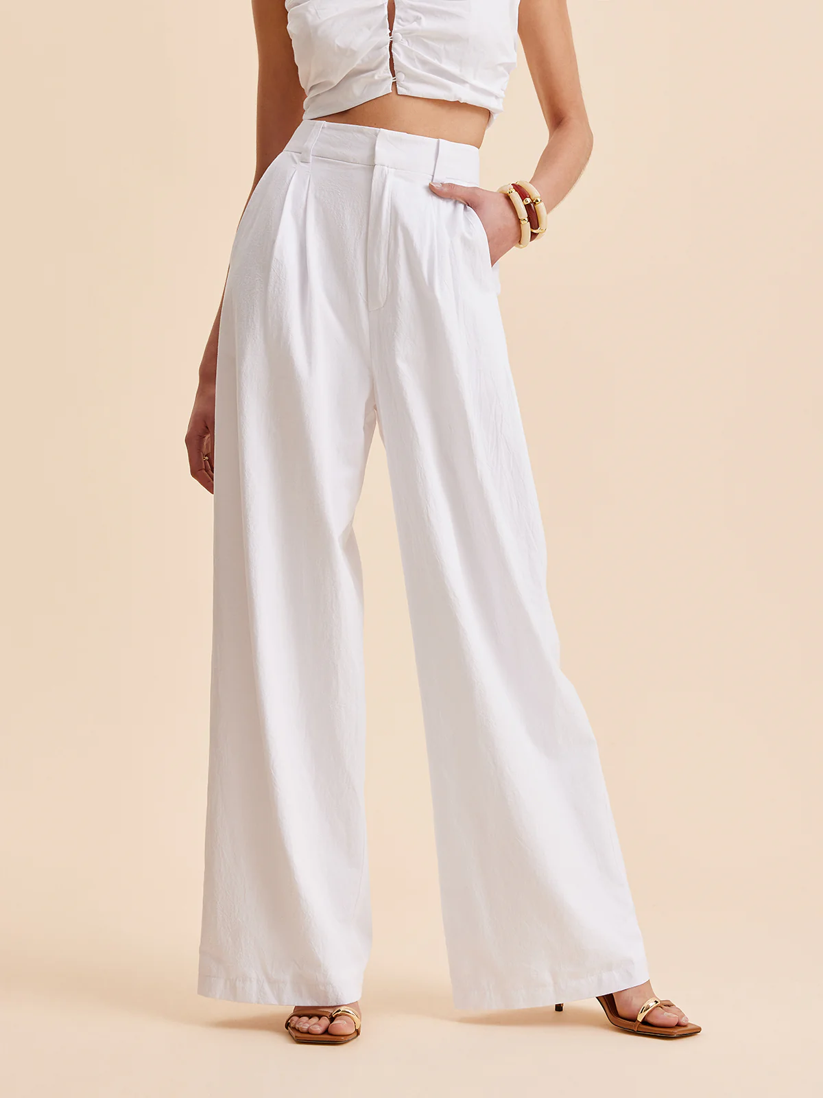 Cotton Mid-Waist Wide-Leg Pants With Pockets - Image 5