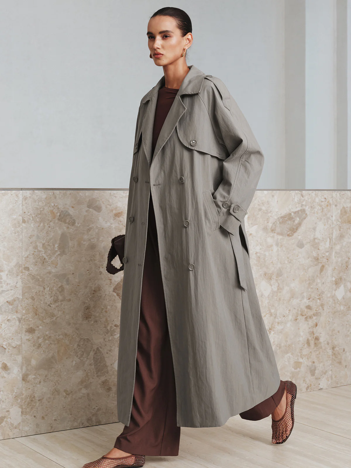 Cotton Oversize Long Trench Coat with Belt - Image 3