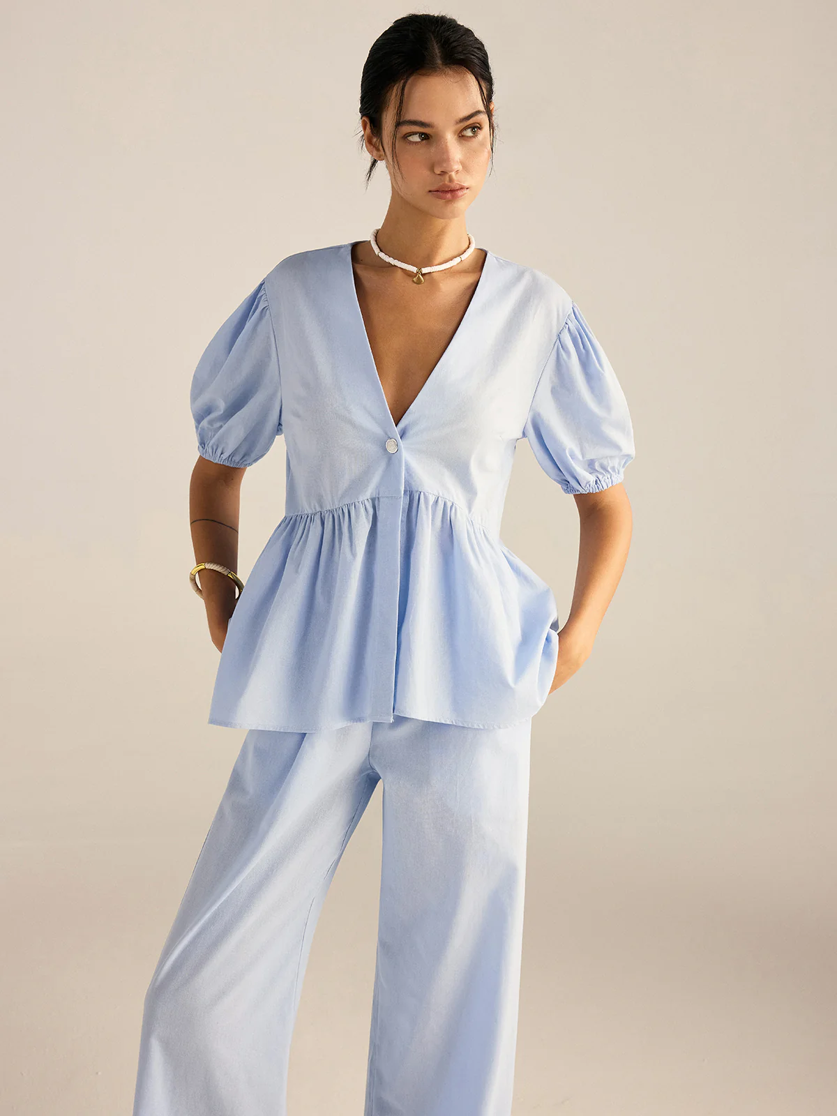 Cotton Peplum Top and Pants Set - Image 2
