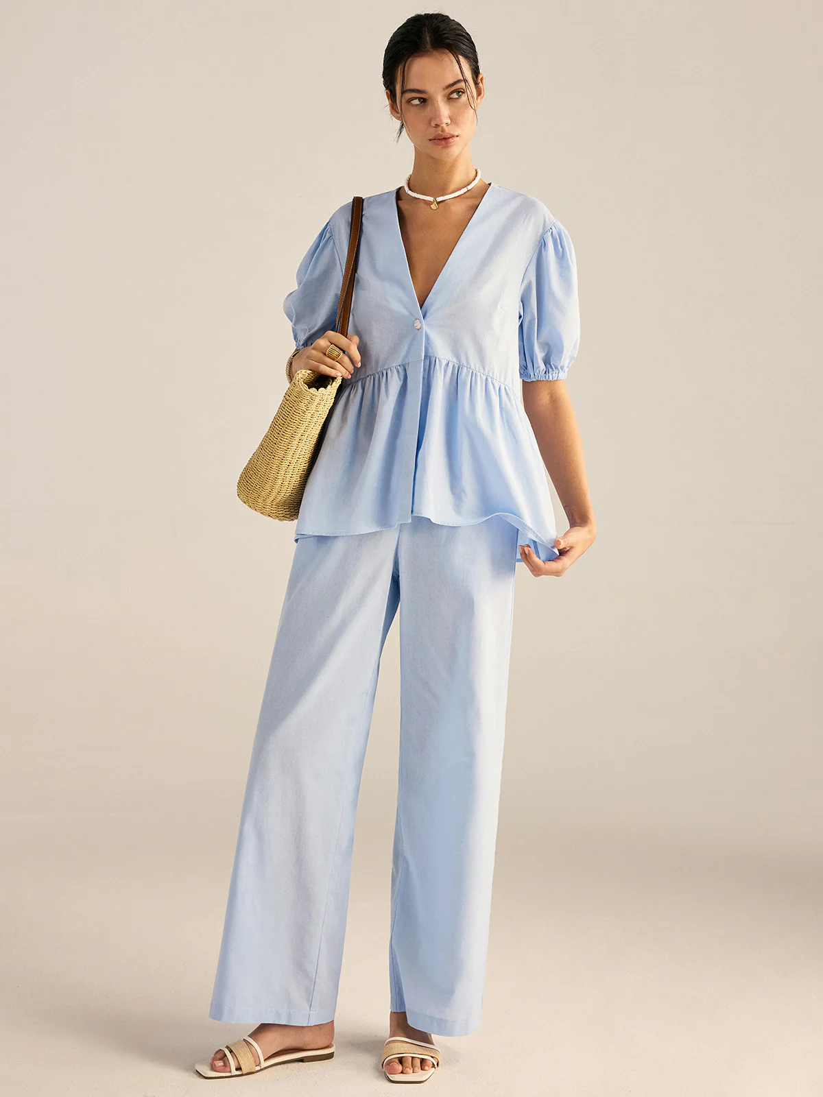 Cotton Peplum Top and Pants Set - Image 3