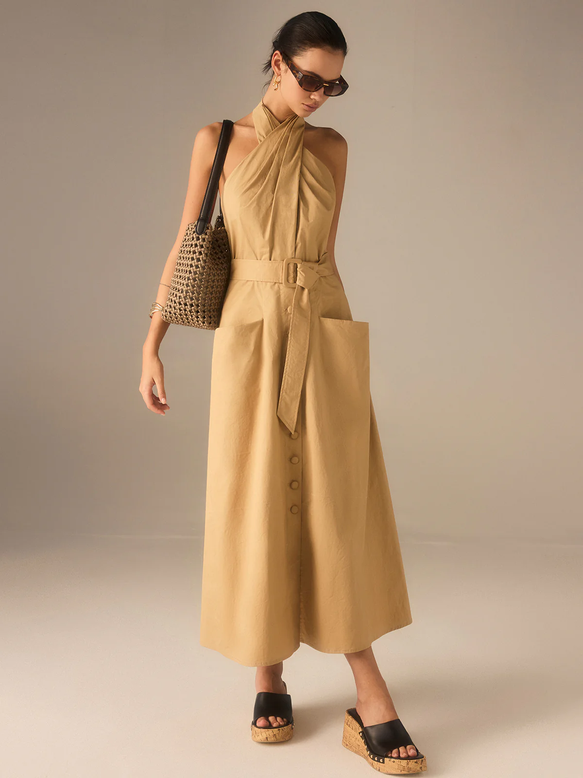 Cotton Pleated Halter Neck Belted Midi Dress - Image 3