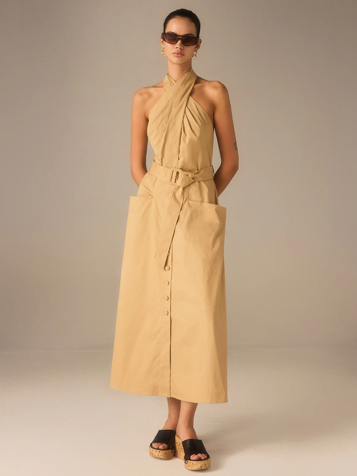 Cotton Pleated Halter Neck Belted Midi Dress - Image 4