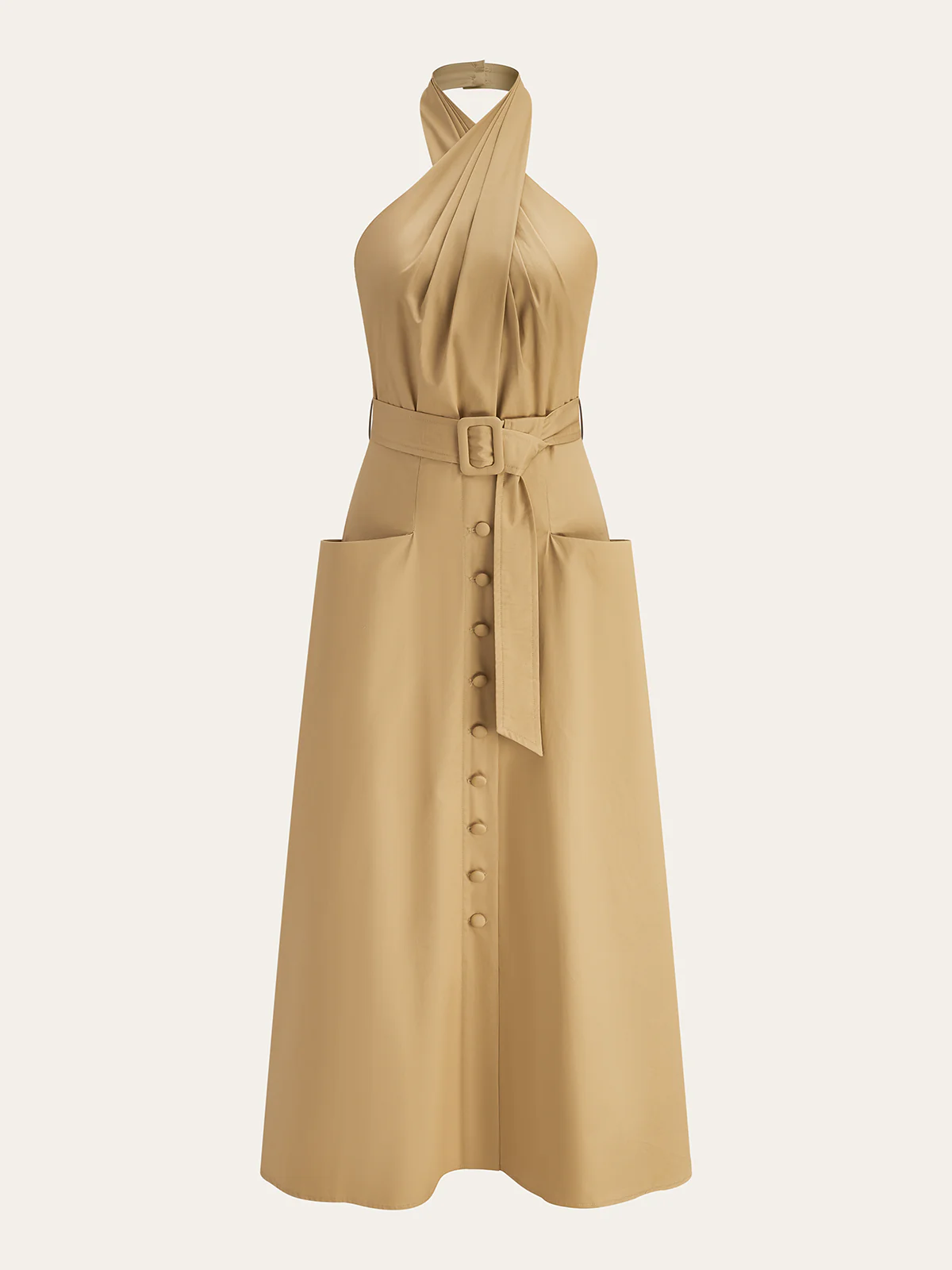 Cotton Pleated Halter Neck Belted Midi Dress - Image 5