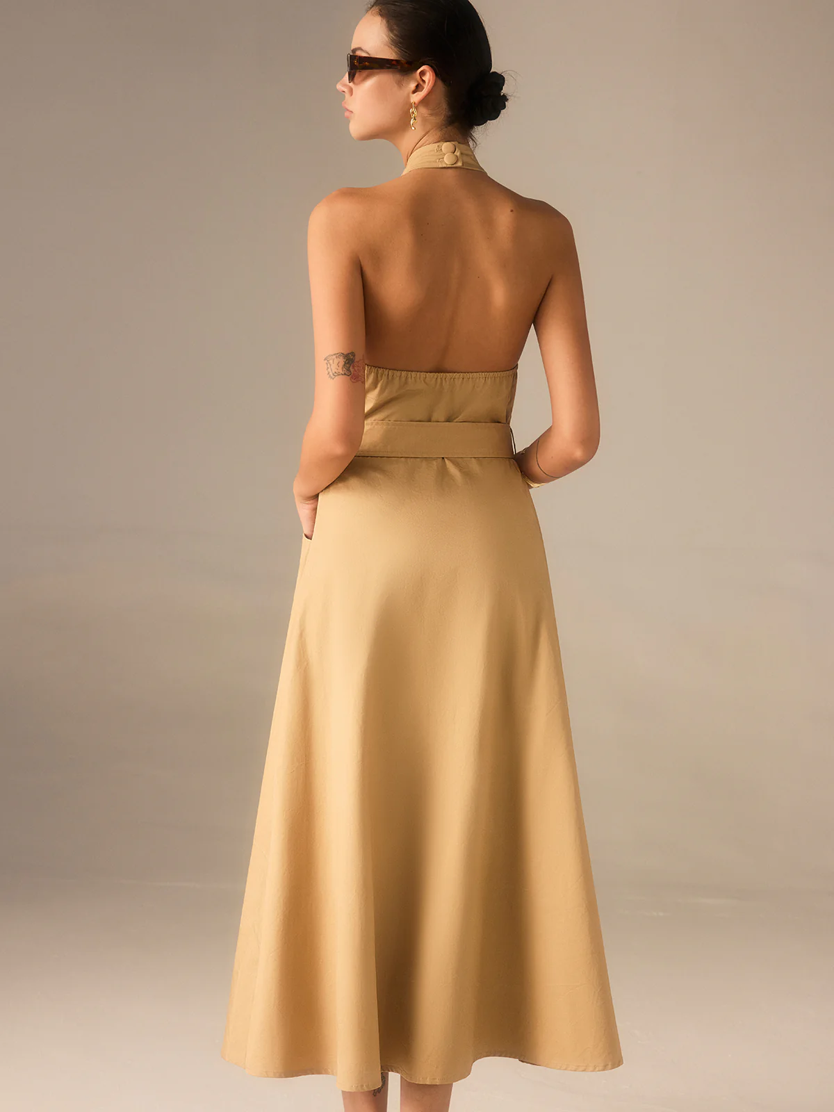 Cotton Pleated Halter Neck Belted Midi Dress - Image 7