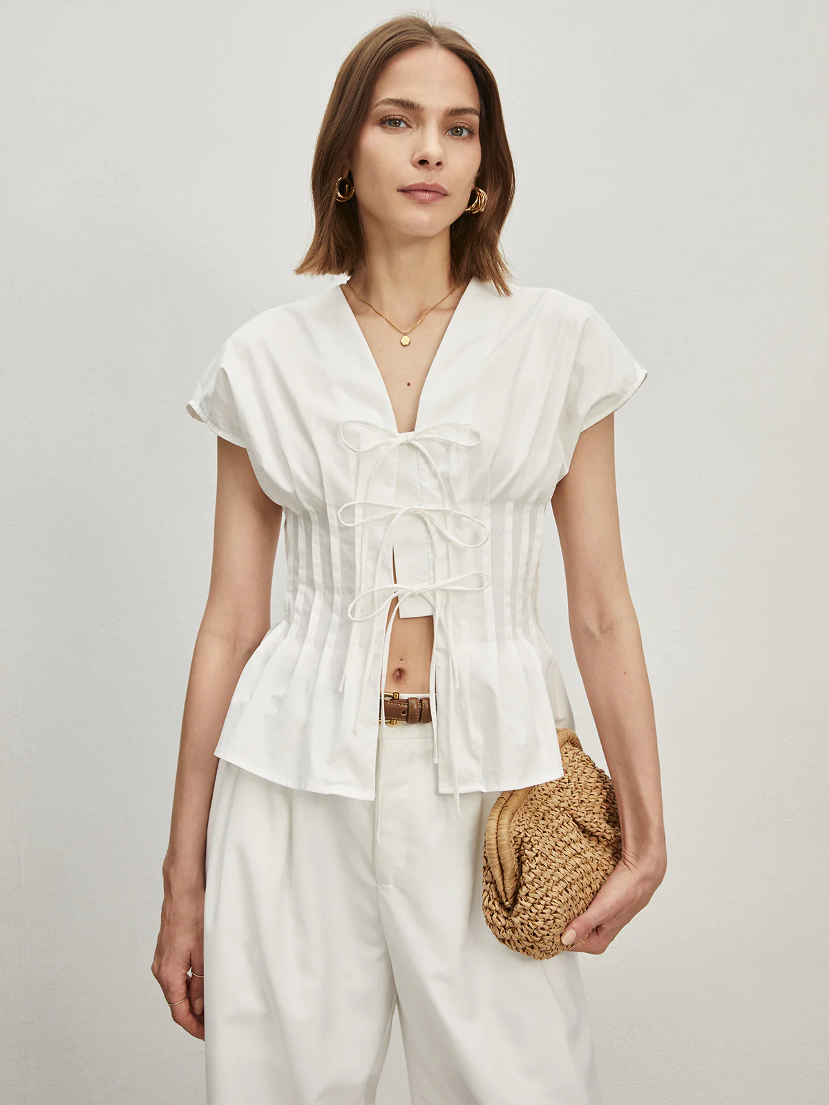 Cotton Pleated Knotted Blouse - Image 3