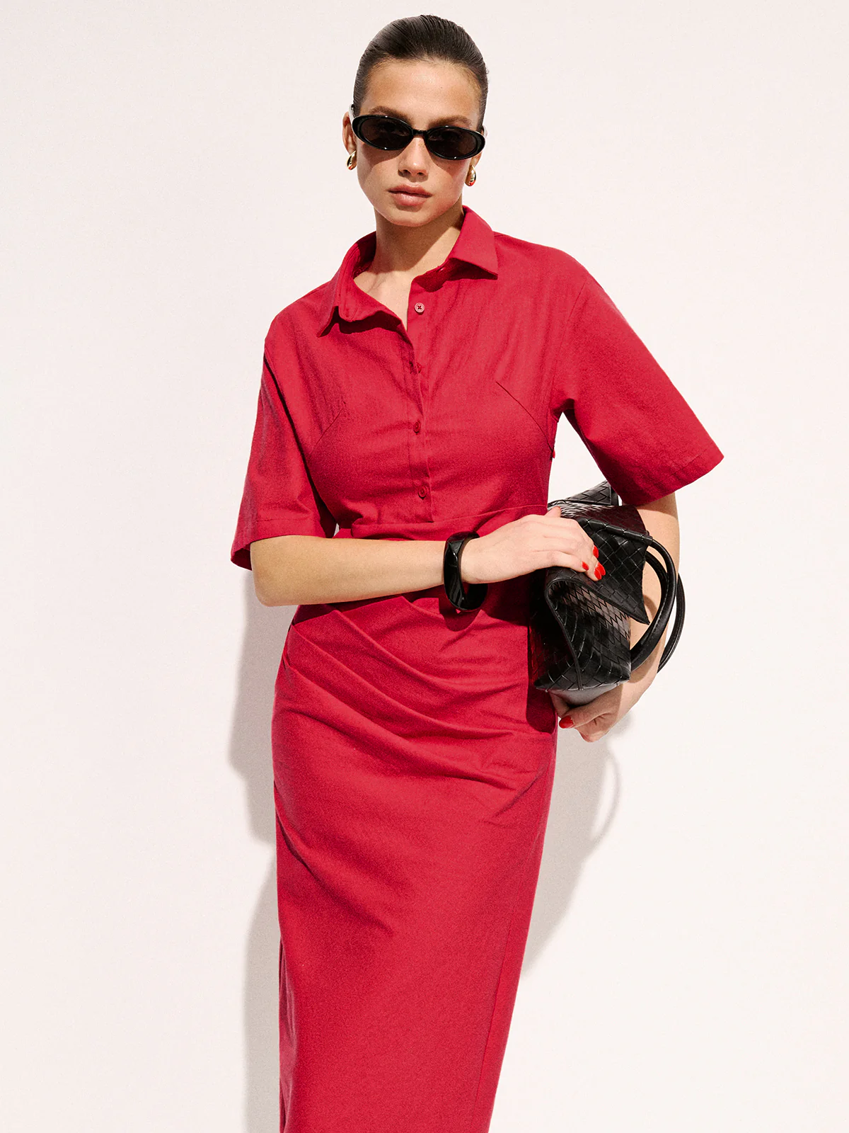 Cotton Pleated Shirt Midi Dress