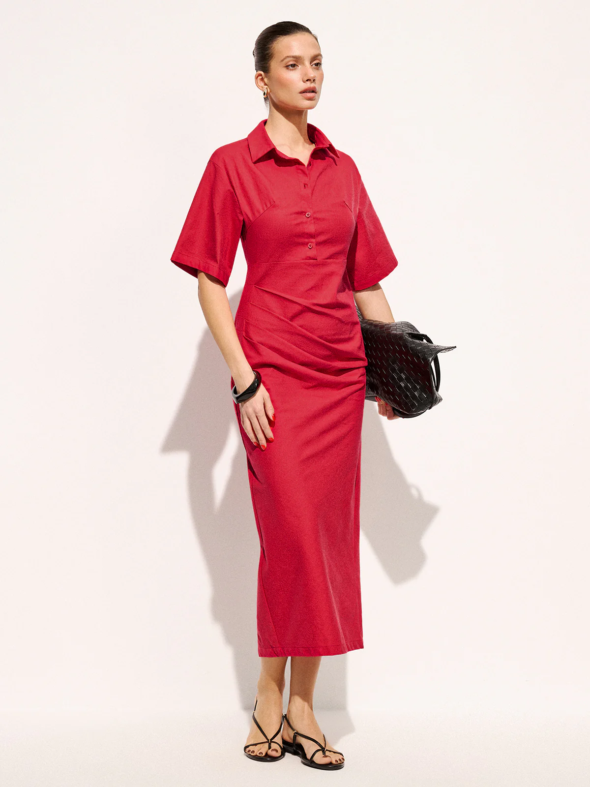 Cotton Pleated Shirt Midi Dress - Image 2
