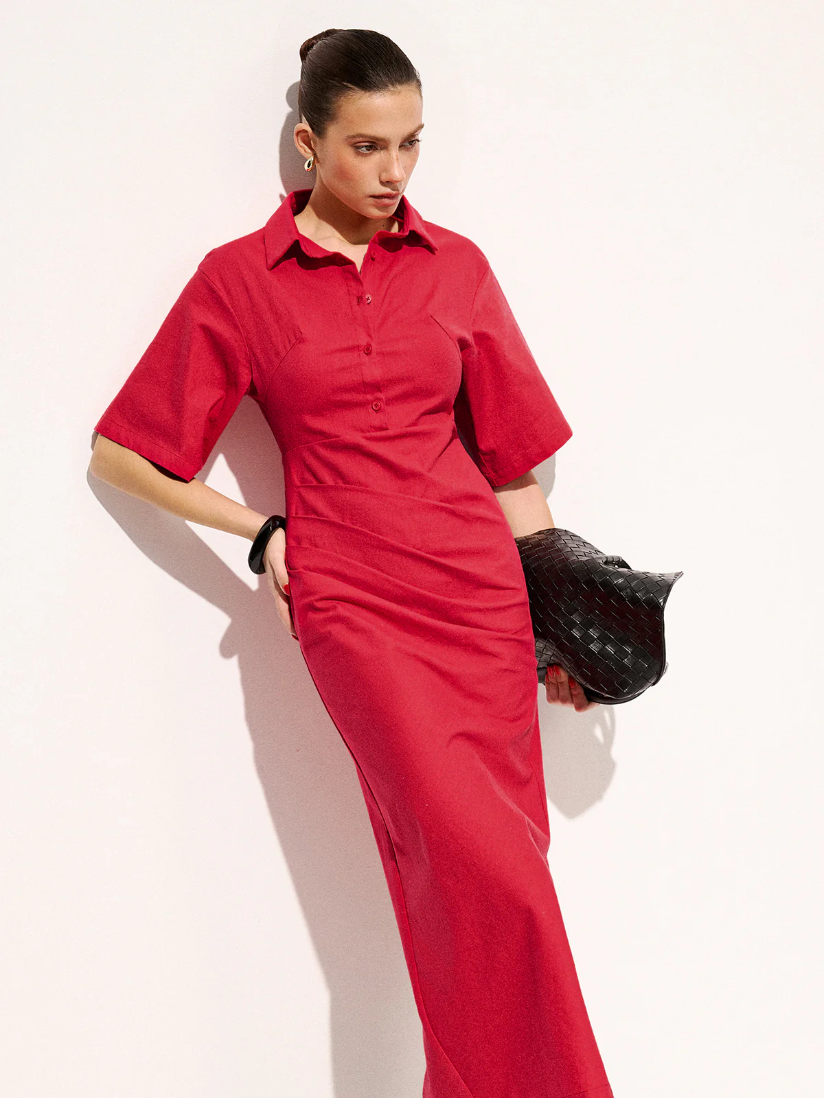 Cotton Pleated Shirt Midi Dress - Image 6