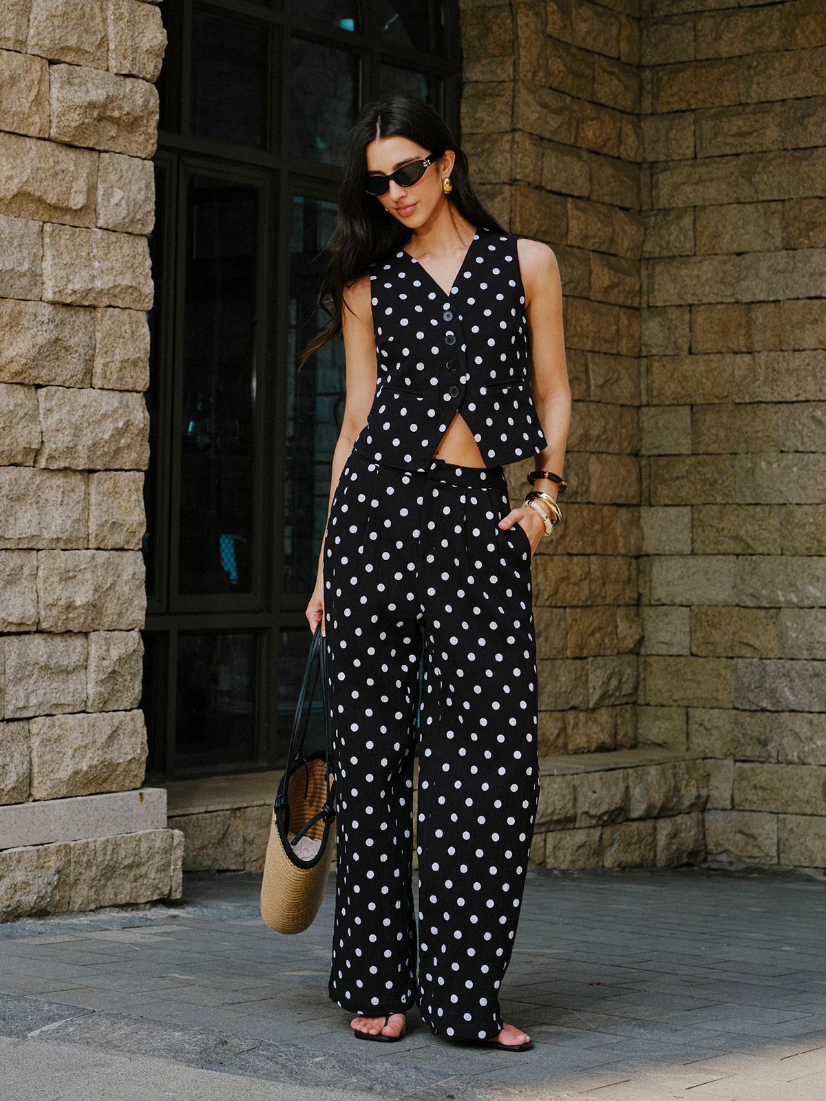 Cotton Polka Dot Vest With Pants Set - Image 3
