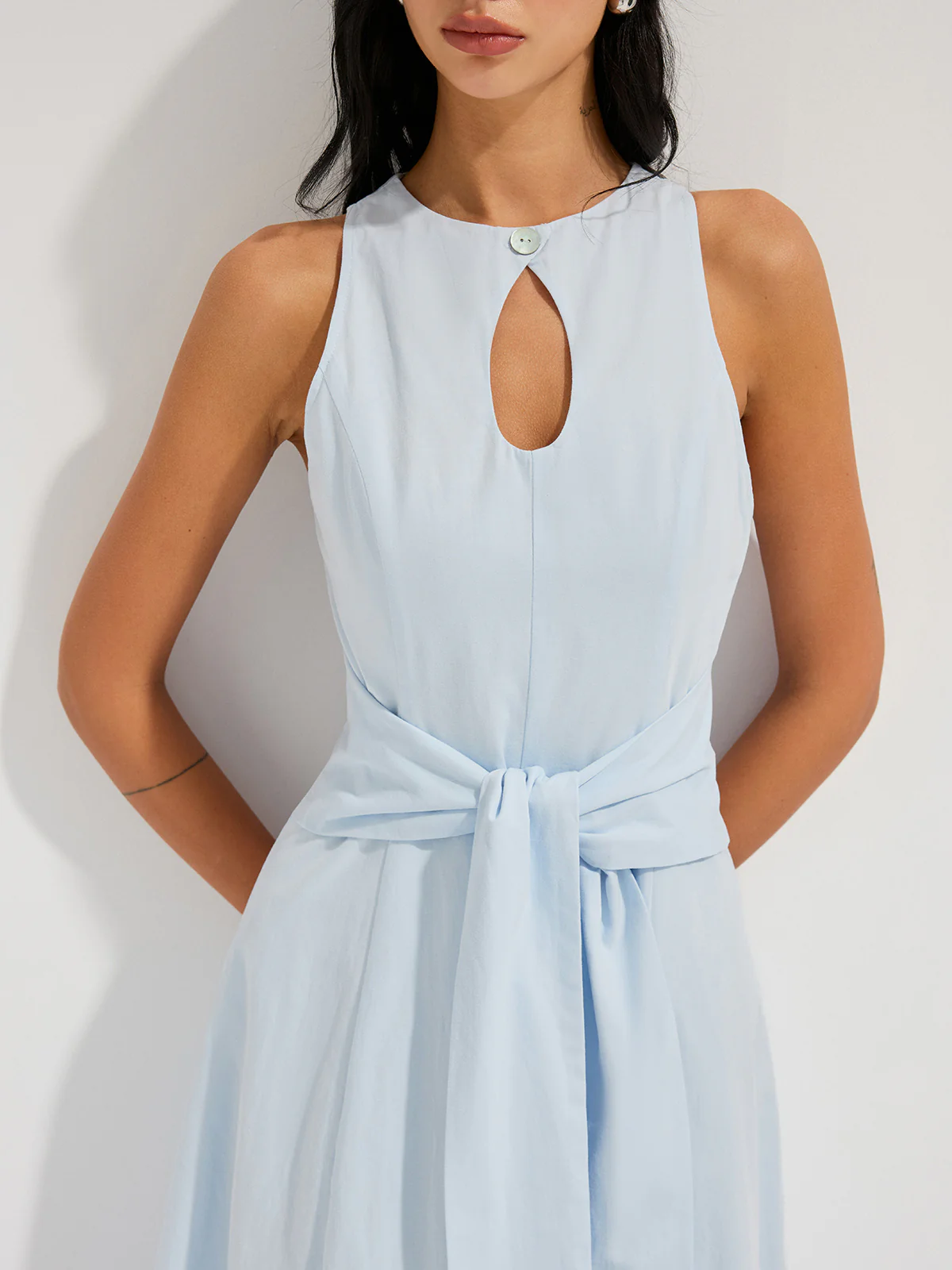 Cotton Sleeveless Keyhole Tie-Waist Maxi Dress - Image 3