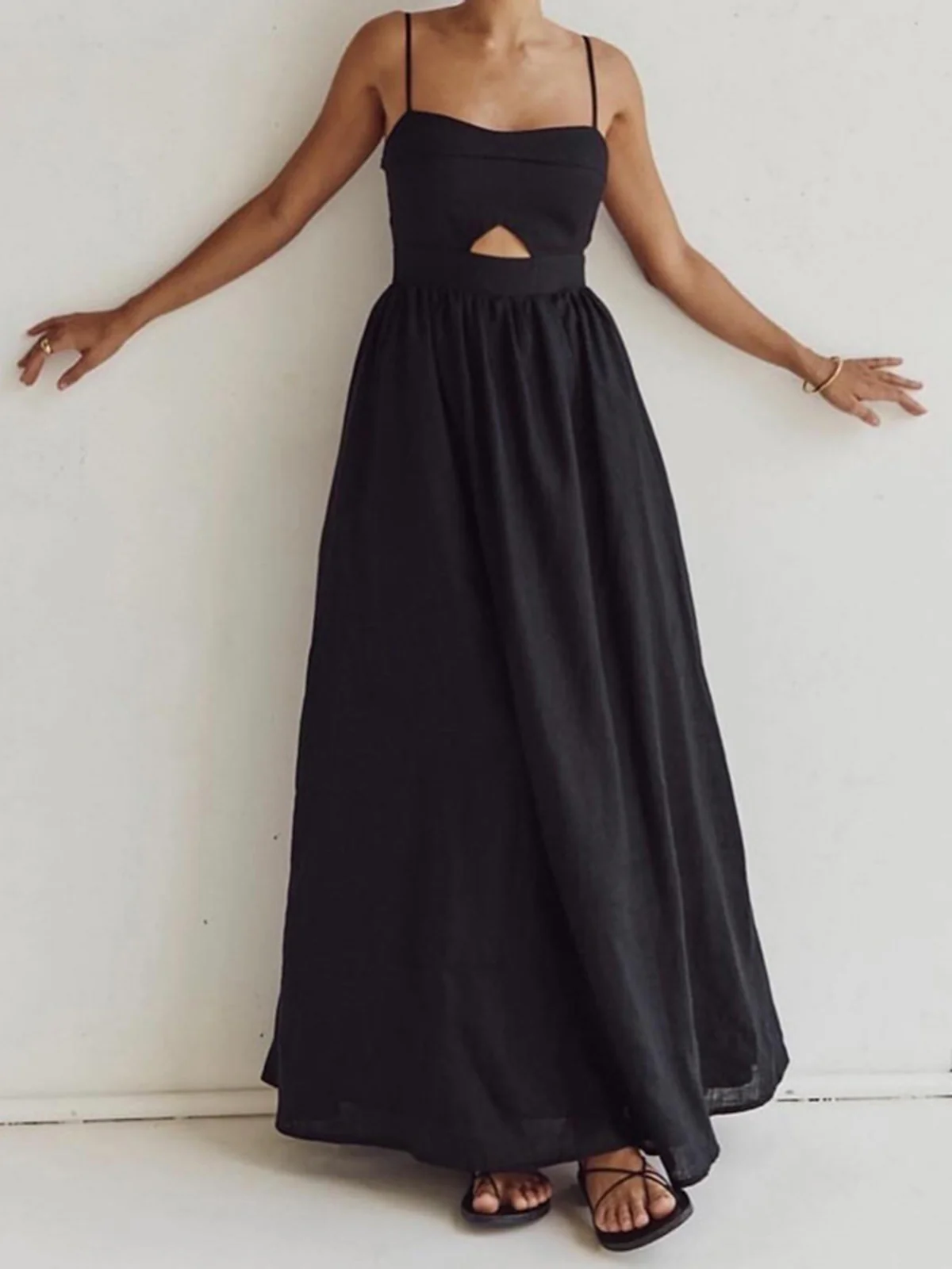 Cotton Sleeveless Pockets Cutout Long Dress - Image 5