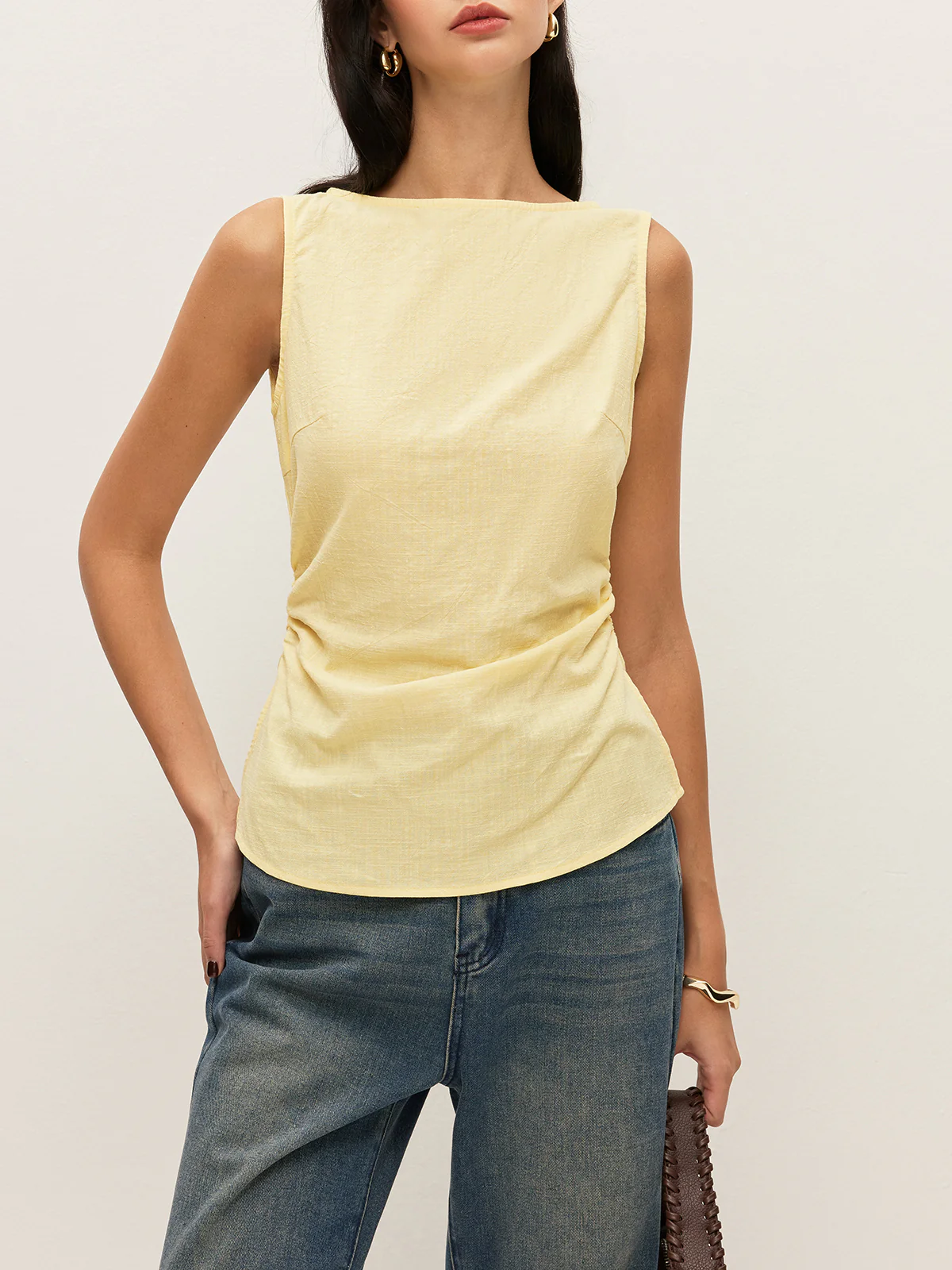 Cotton Solid Boat Neck Ruched Waist Sleeveless Blouse - Image 5