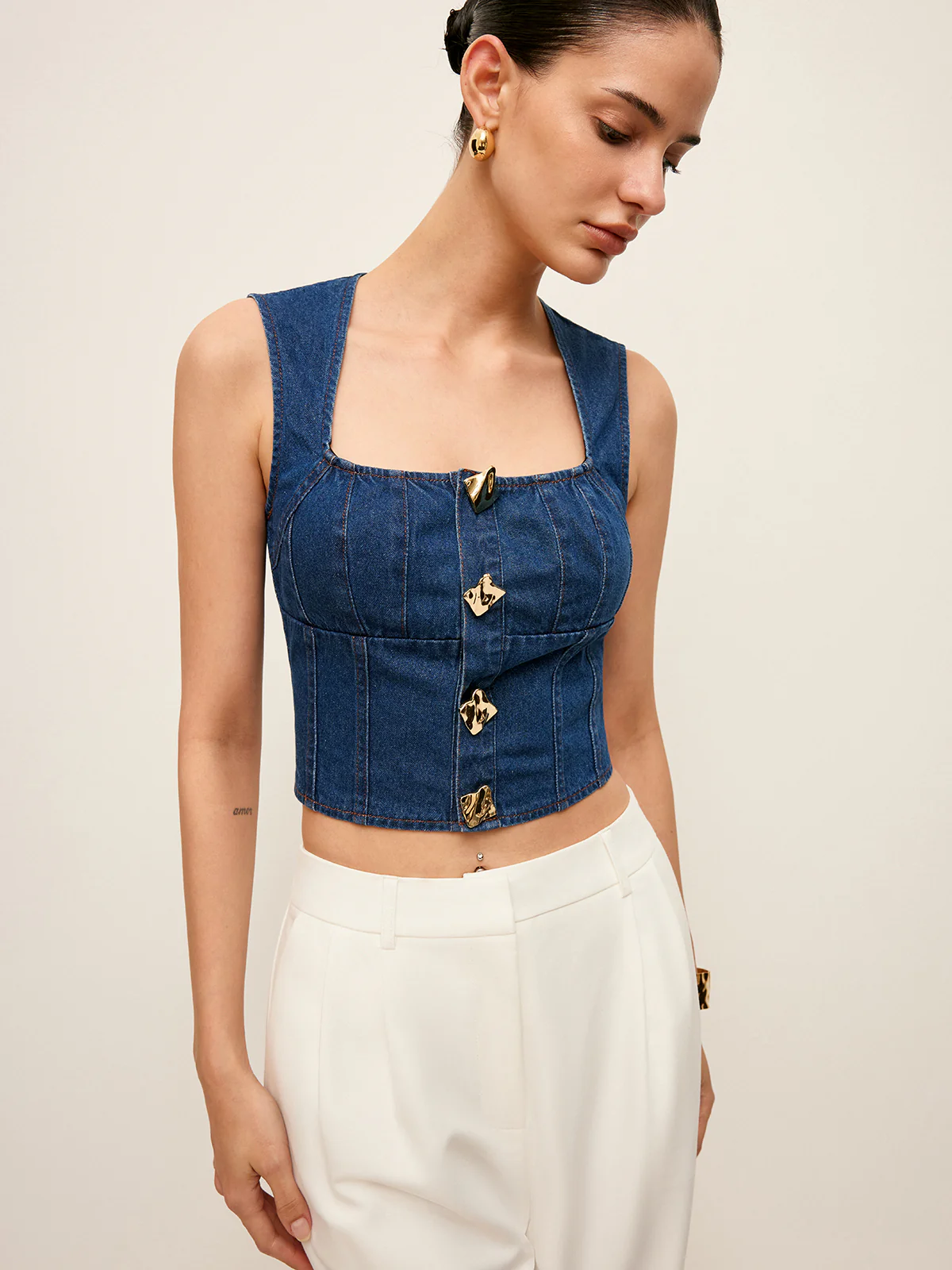 Cotton Square Neck Button Detail Denim Top - Image 2
