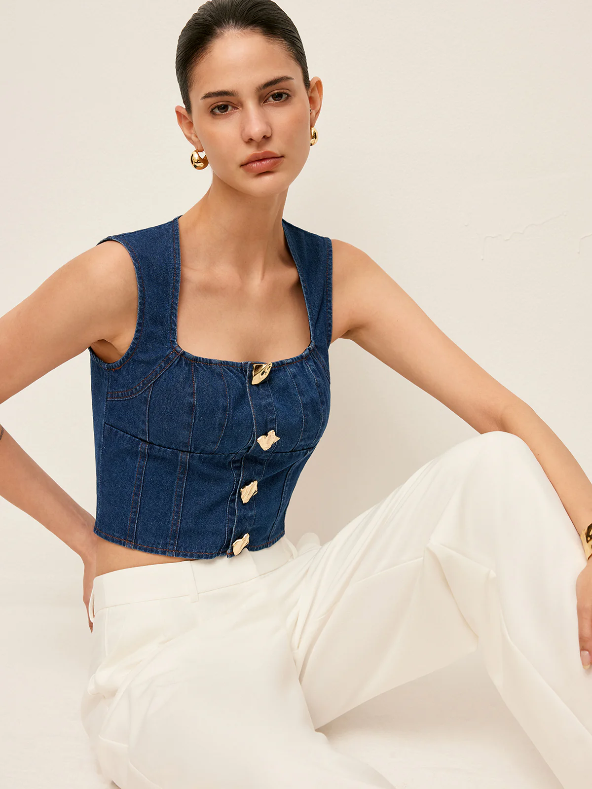 Cotton Square Neck Button Detail Denim Top - Image 4