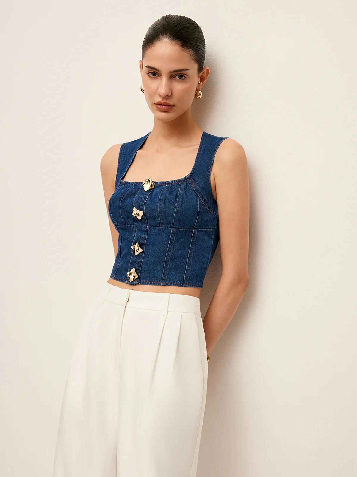 Cotton Square Neck Button Detail Denim Top - Image 5