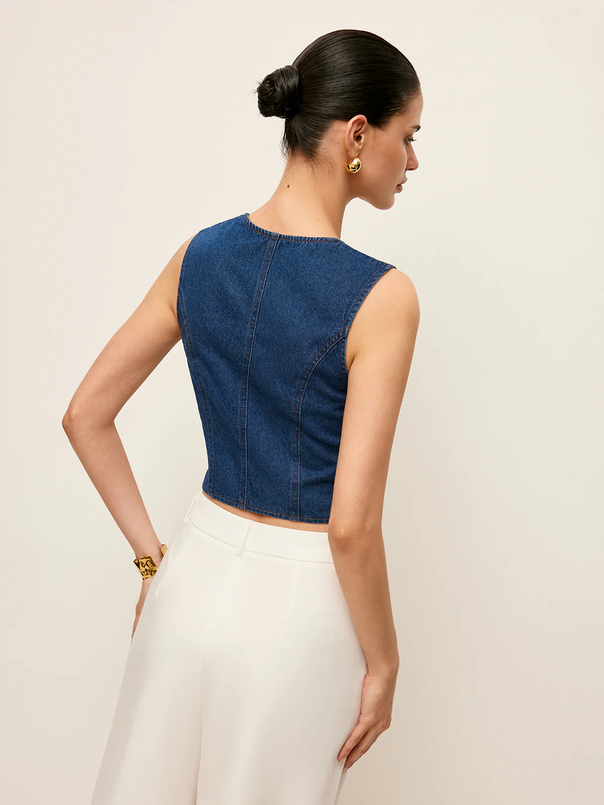 Cotton Square Neck Button Detail Denim Top - Image 6