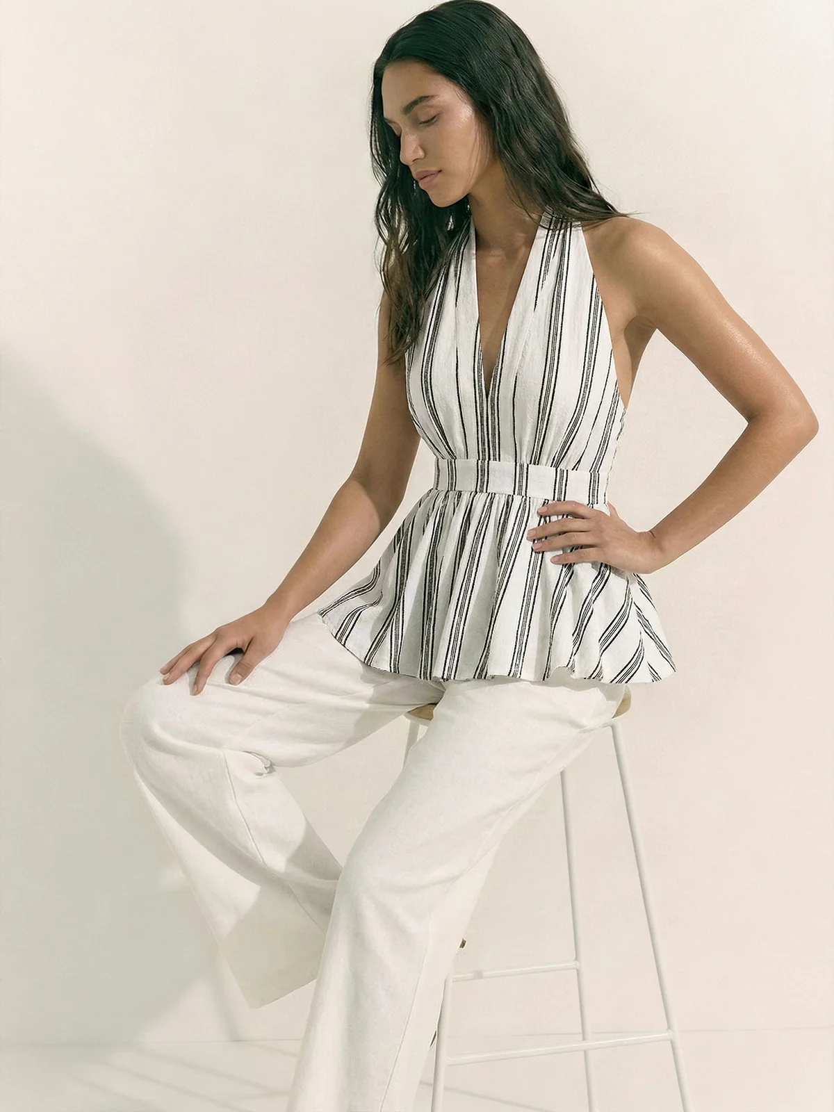 Cotton Striped Halter Peplum Tank Top