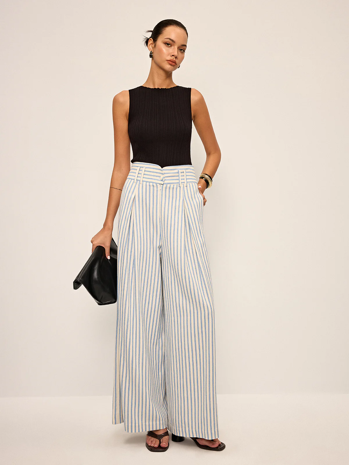 Cotton Striped Pleated Wide-Leg Pants - Image 3