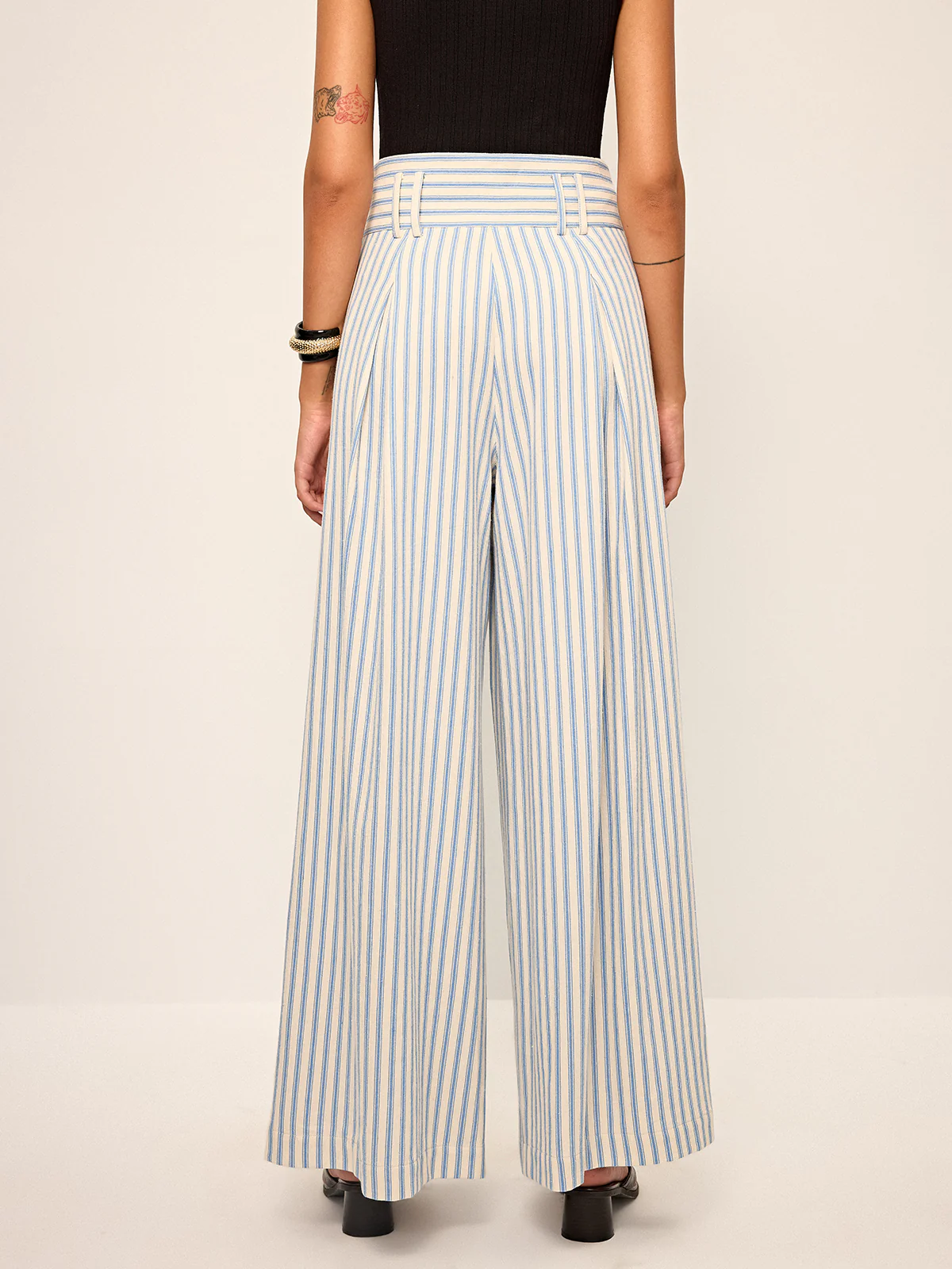 Cotton Striped Pleated Wide-Leg Pants - Image 6