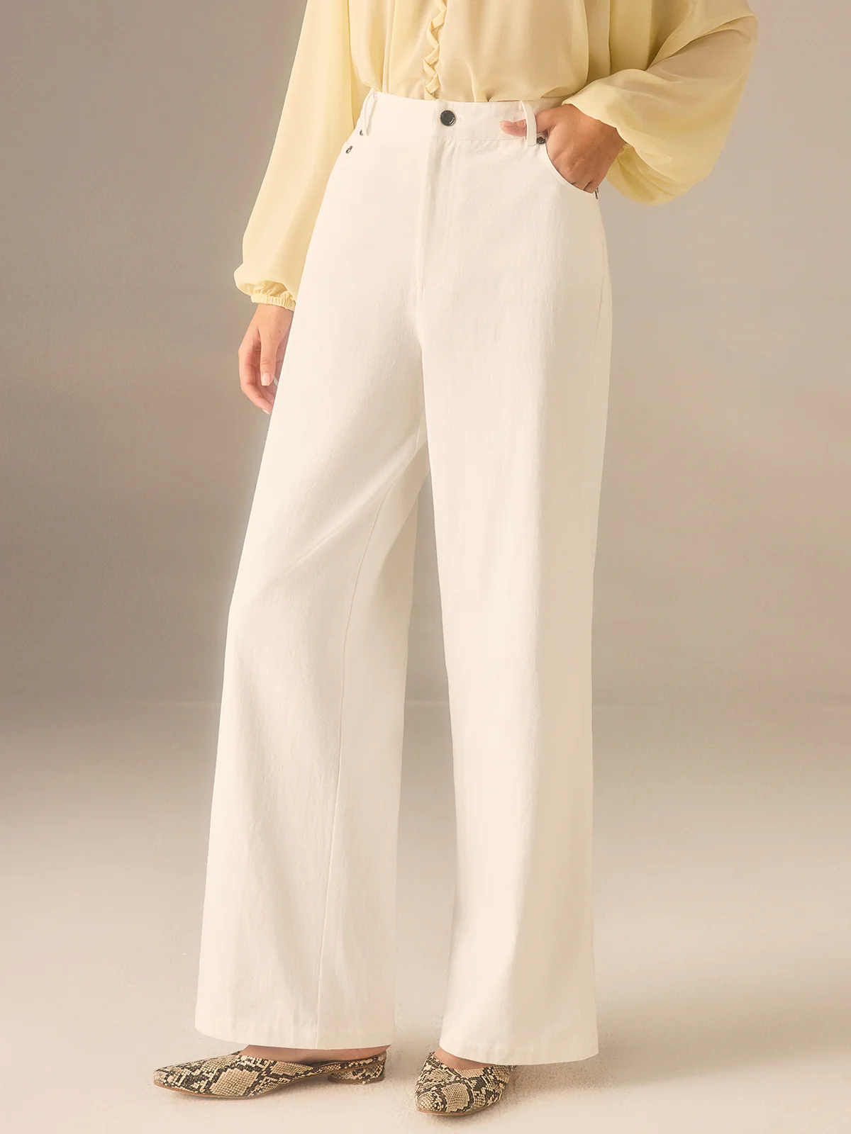Cotton Twill Wide-Leg Pants with Metal Rivet Button - Image 4