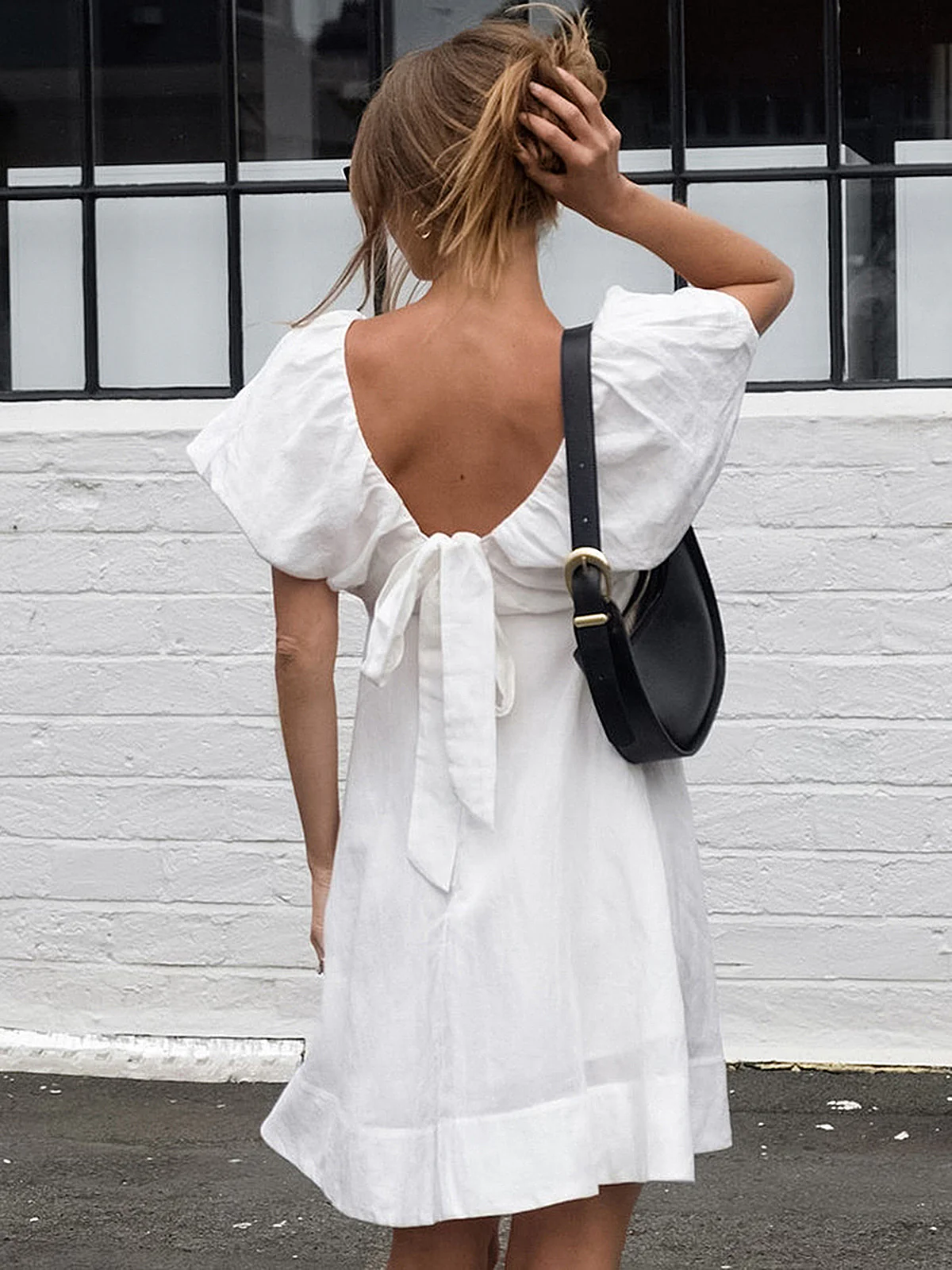 Cotton V-Neck Puff Sleeves Backless Dress - Image 2