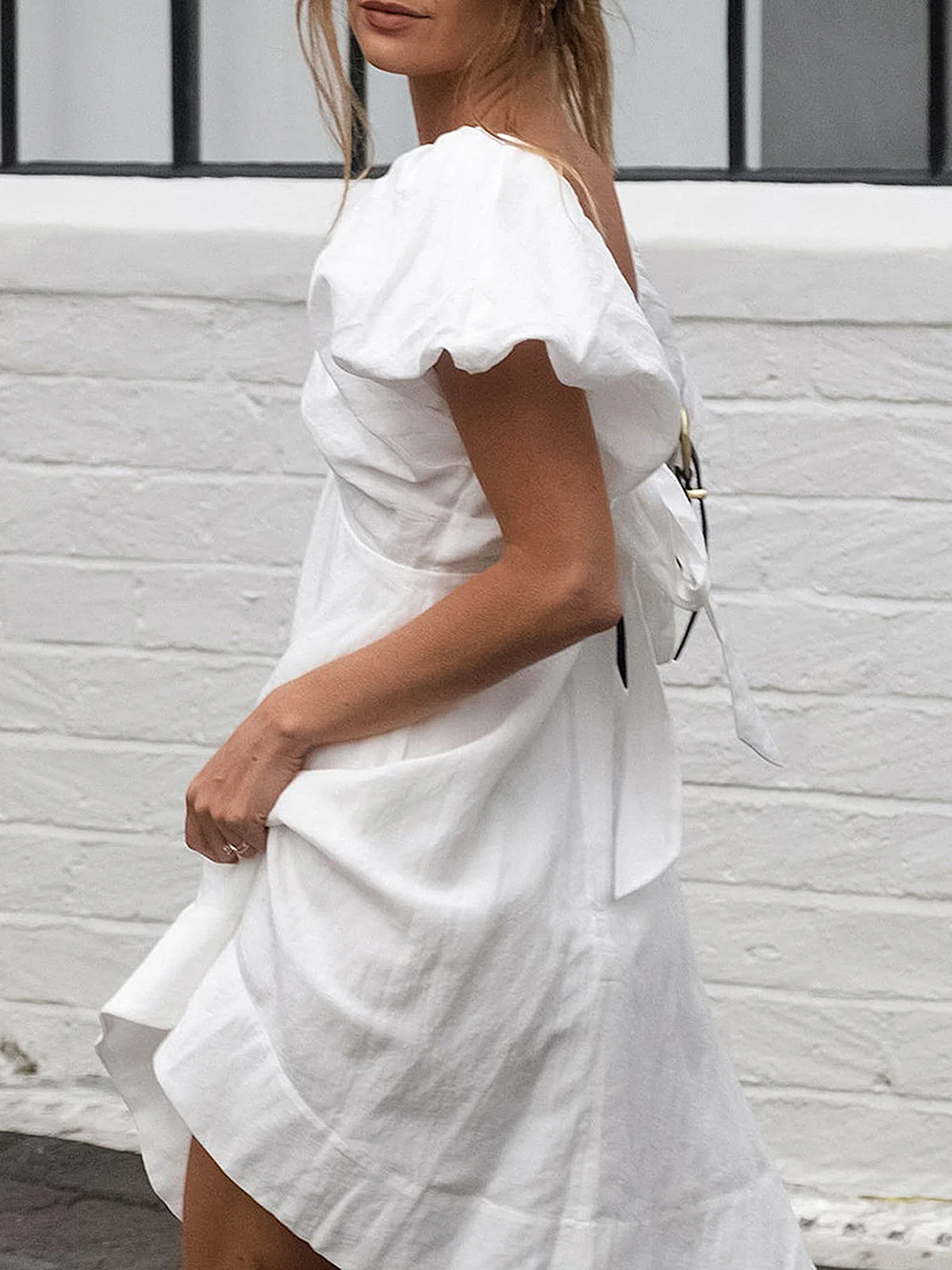 Cotton V-Neck Puff Sleeves Backless Dress - Image 5