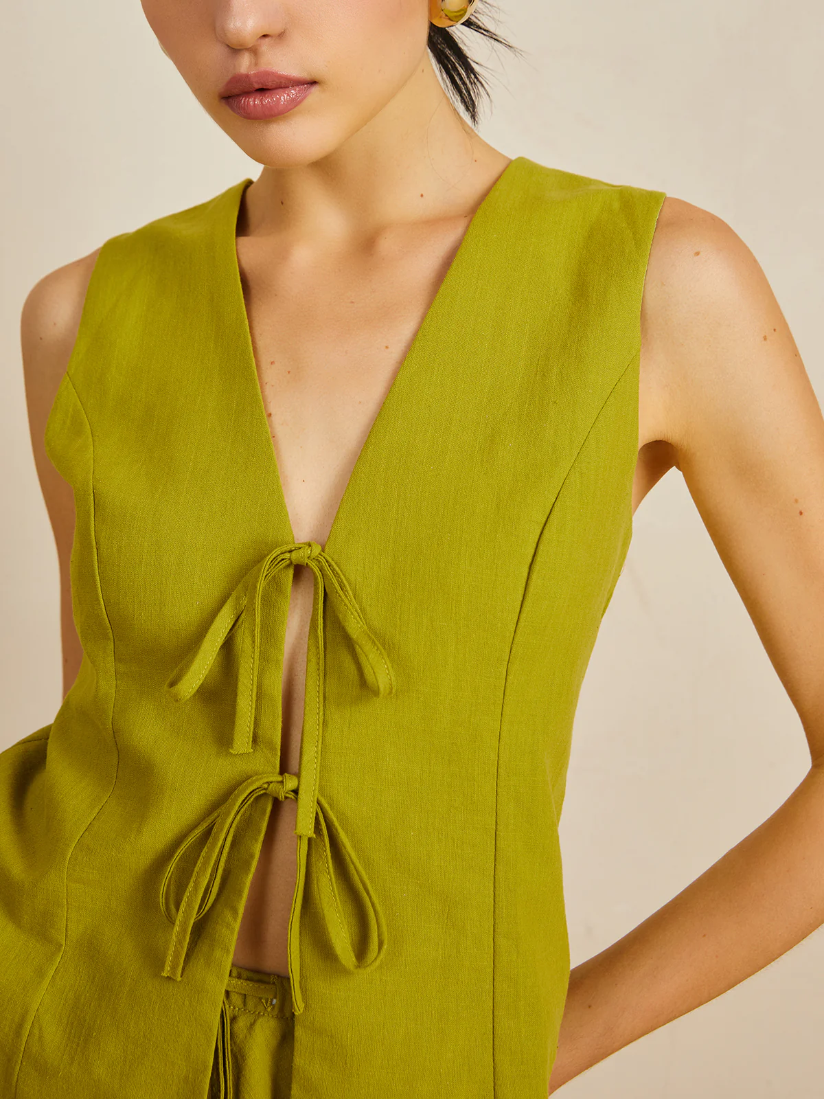 Cotton V-Neck Tie Front Skirt Set - Image 2