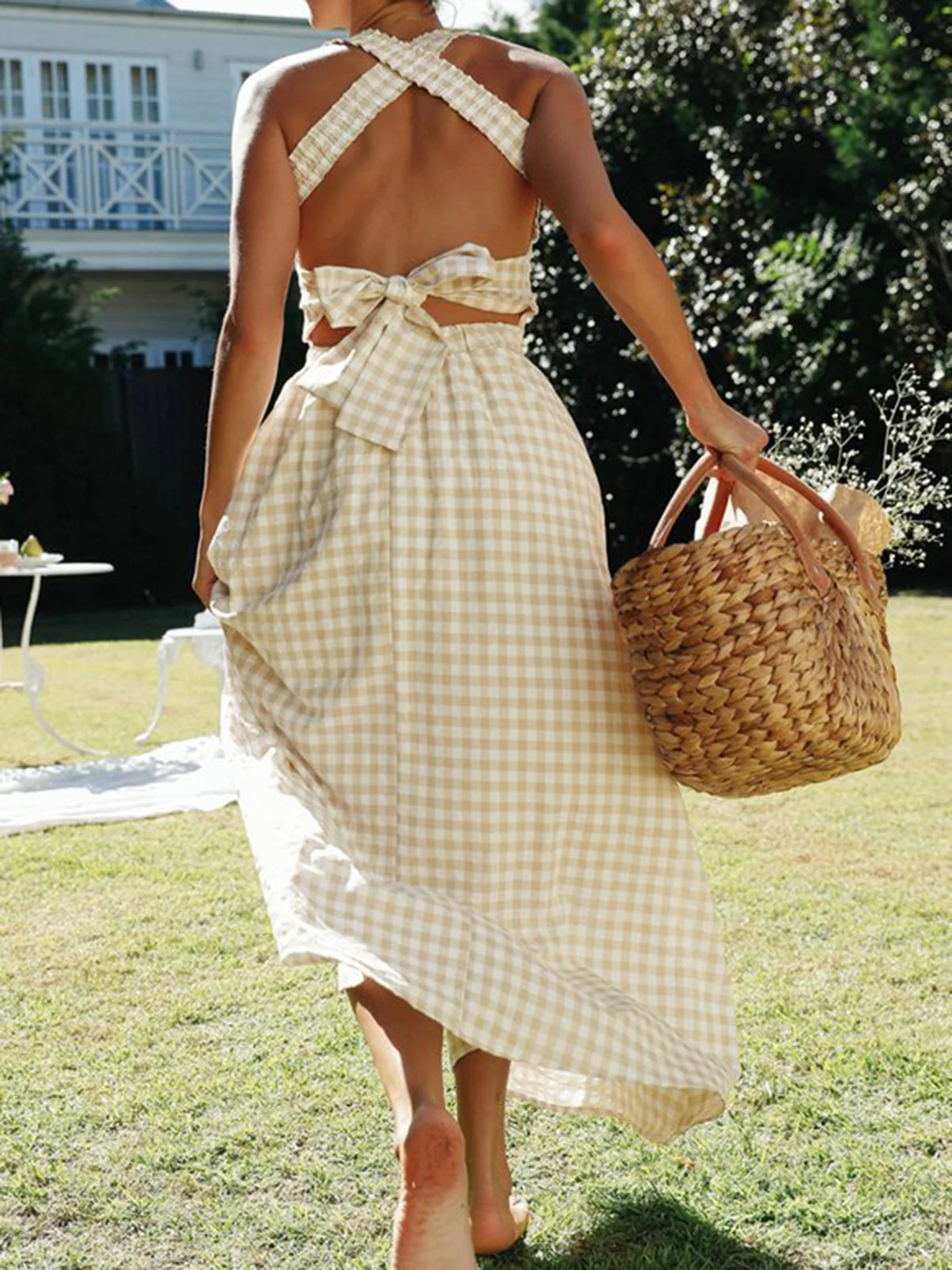 Countryside Plaid Print Halter Criss Cross Long Dress - Image 2