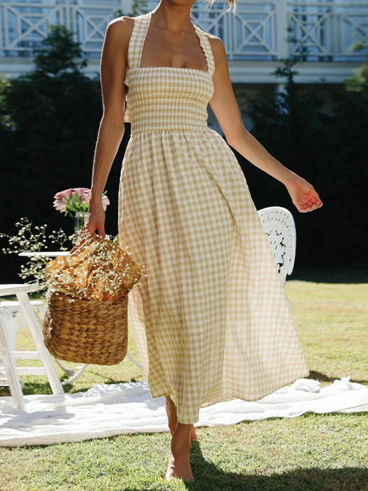 Countryside Plaid Print Halter Criss Cross Long Dress - Image 3