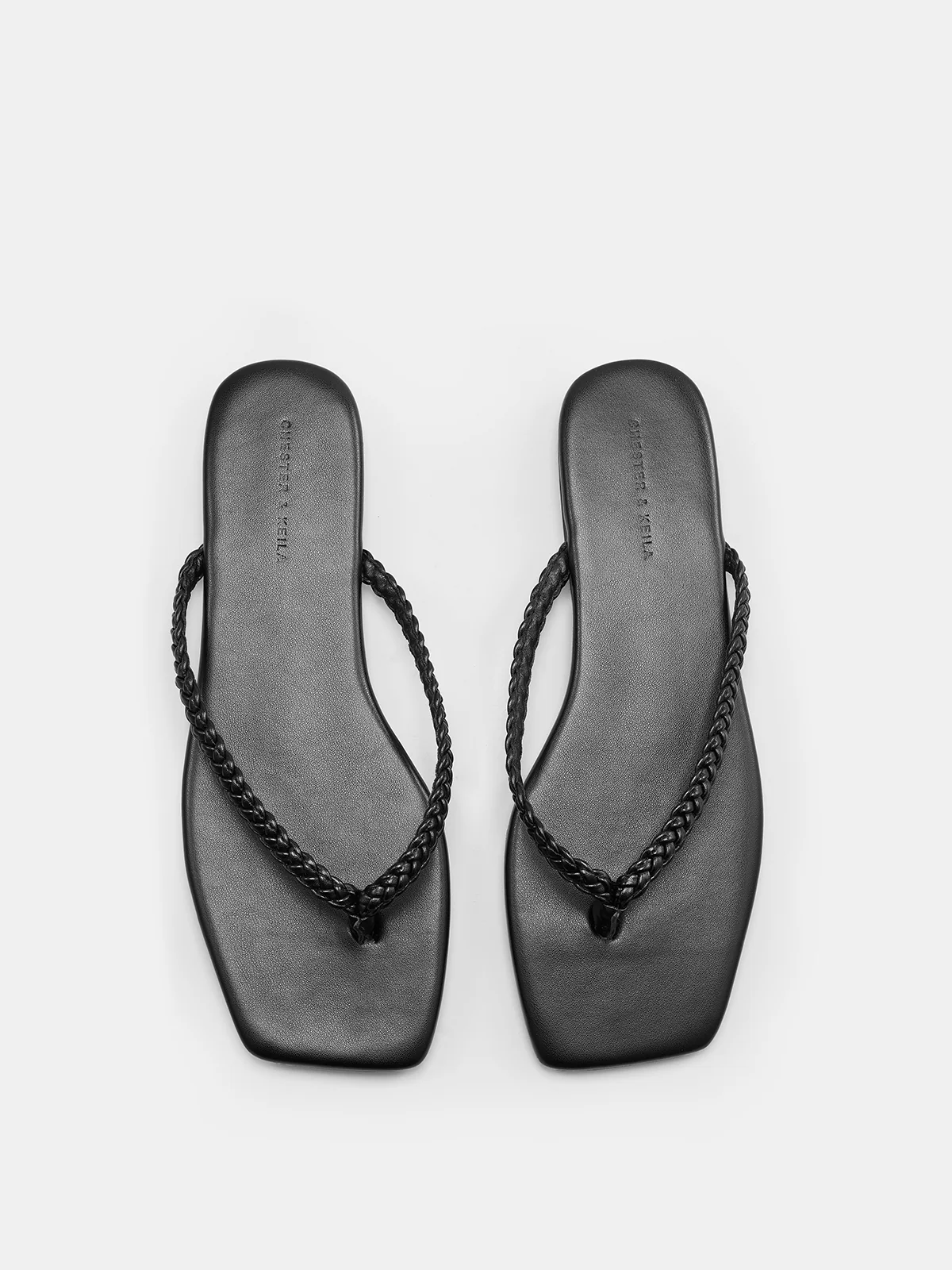 Cow Leather Square Toe Braided Thong Flip-Flops - Image 3