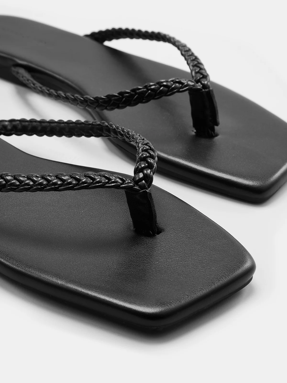 Cow Leather Square Toe Braided Thong Flip-Flops - Image 5
