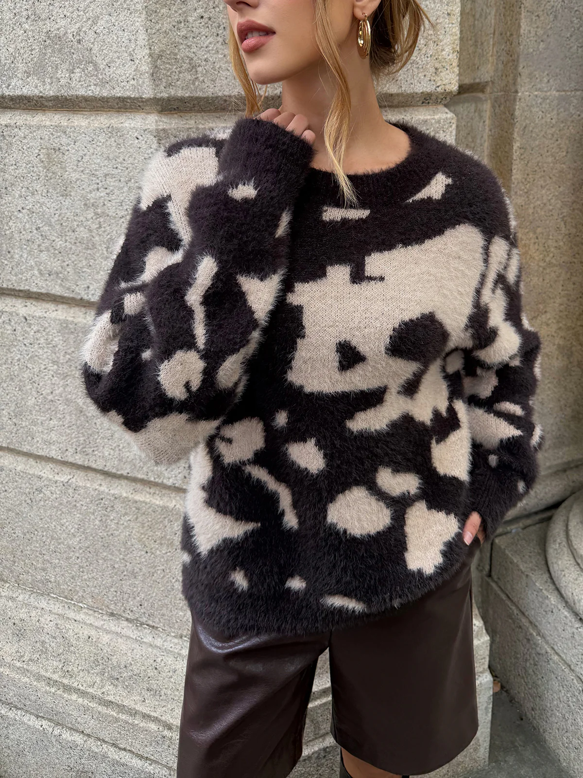 Cow Print Fuzzy Crew Neck Sweater - Image 2