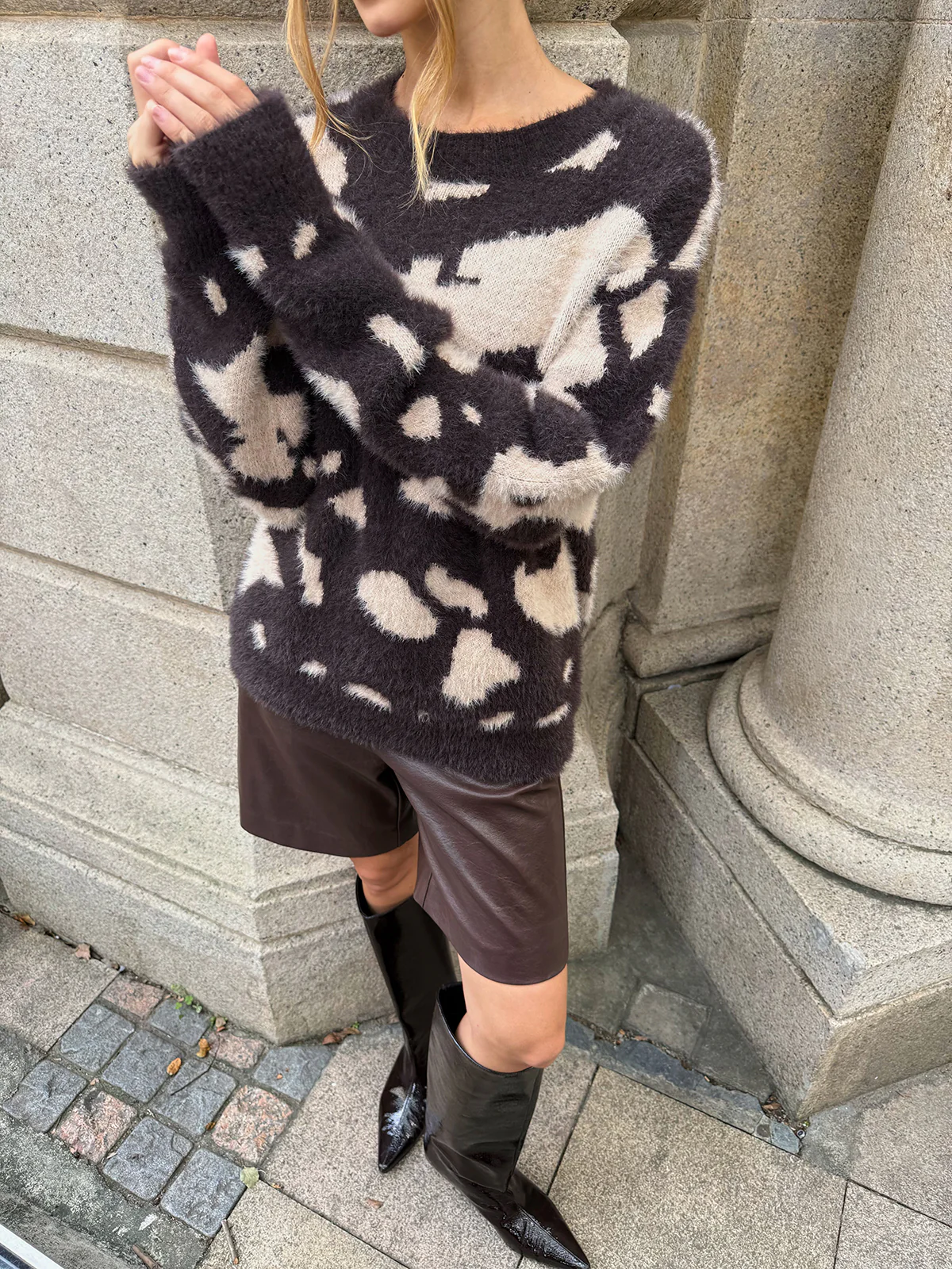 Cow Print Fuzzy Crew Neck Sweater - Image 3
