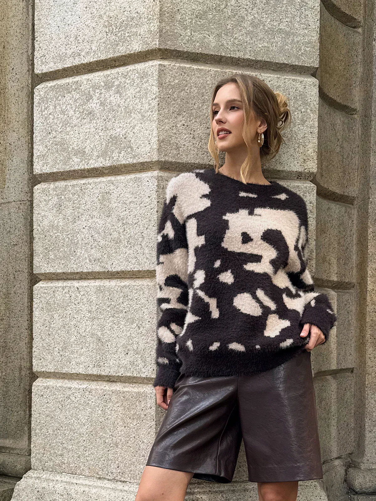 Cow Print Fuzzy Crew Neck Sweater - Image 4